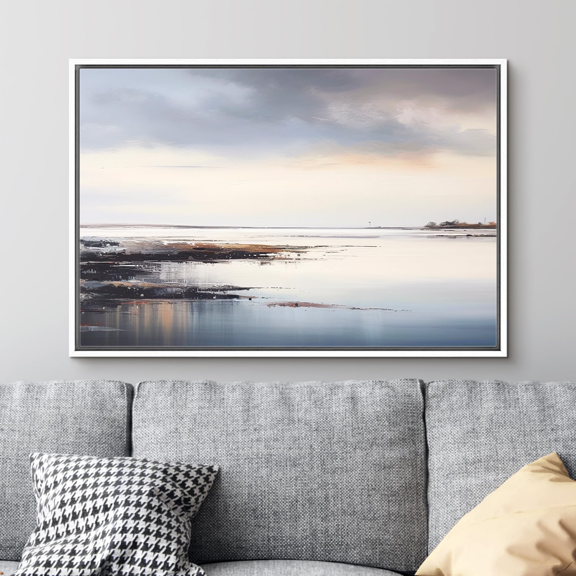 Signford Framed Canvas Print Wall Art Storm Cloud Pastel Lake Landscape Nature Wilderness Illustration Minimalism Decorative Col