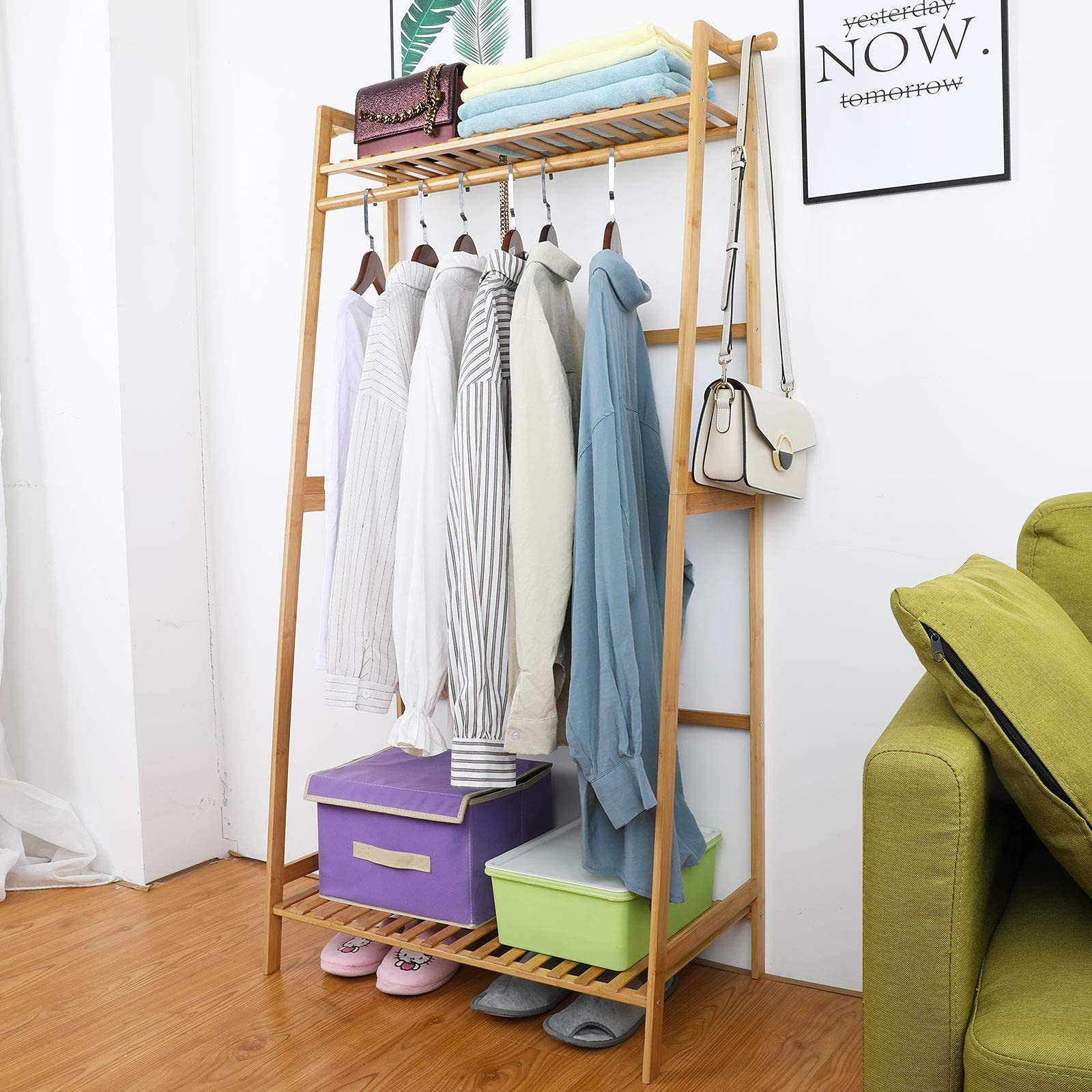 Ufine Bamboo Clothes Hanging Rack With 2 Tier Storage Shelves And 2 Coat Hooks Portable Laundry Rack Cloest Organizer Garment Ra