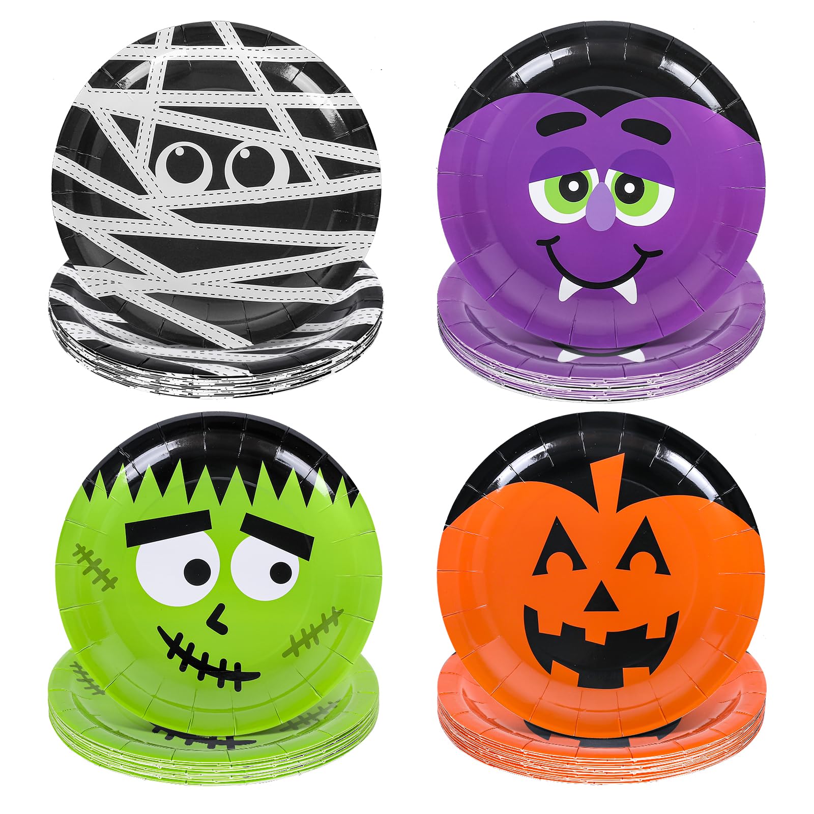 Whaline 40 Pack Halloween Paper Plates 4 Design Pumpkin Monster Bat Disposable Plates Colorful Round Tableware for Halloween Par