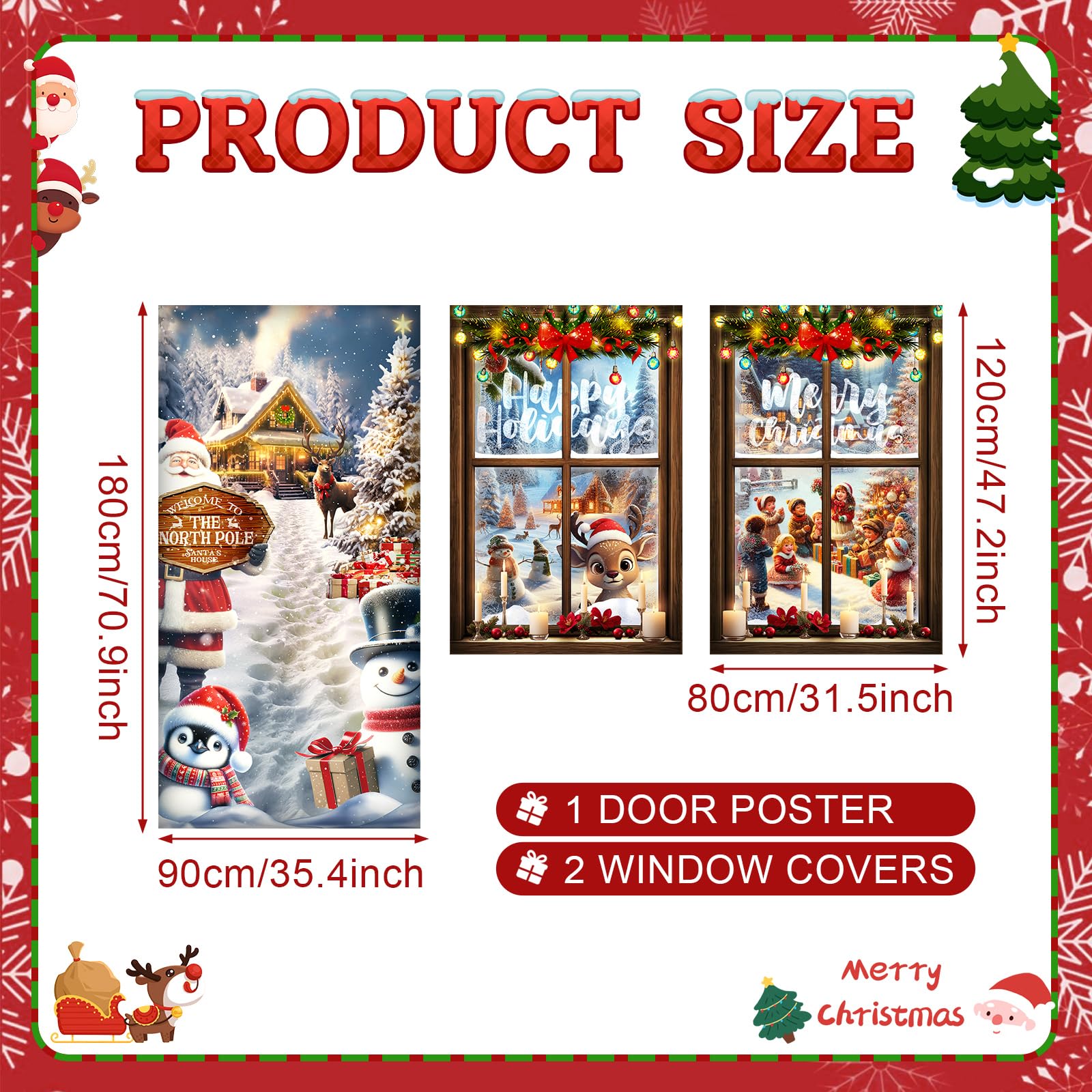 Tioncy 3 Pcs Christmas Door Window Cover Decorations Set 71 x 35 Christmas Door Cover 47 x 32 Xmas Window Curtain Santa Claus Sn