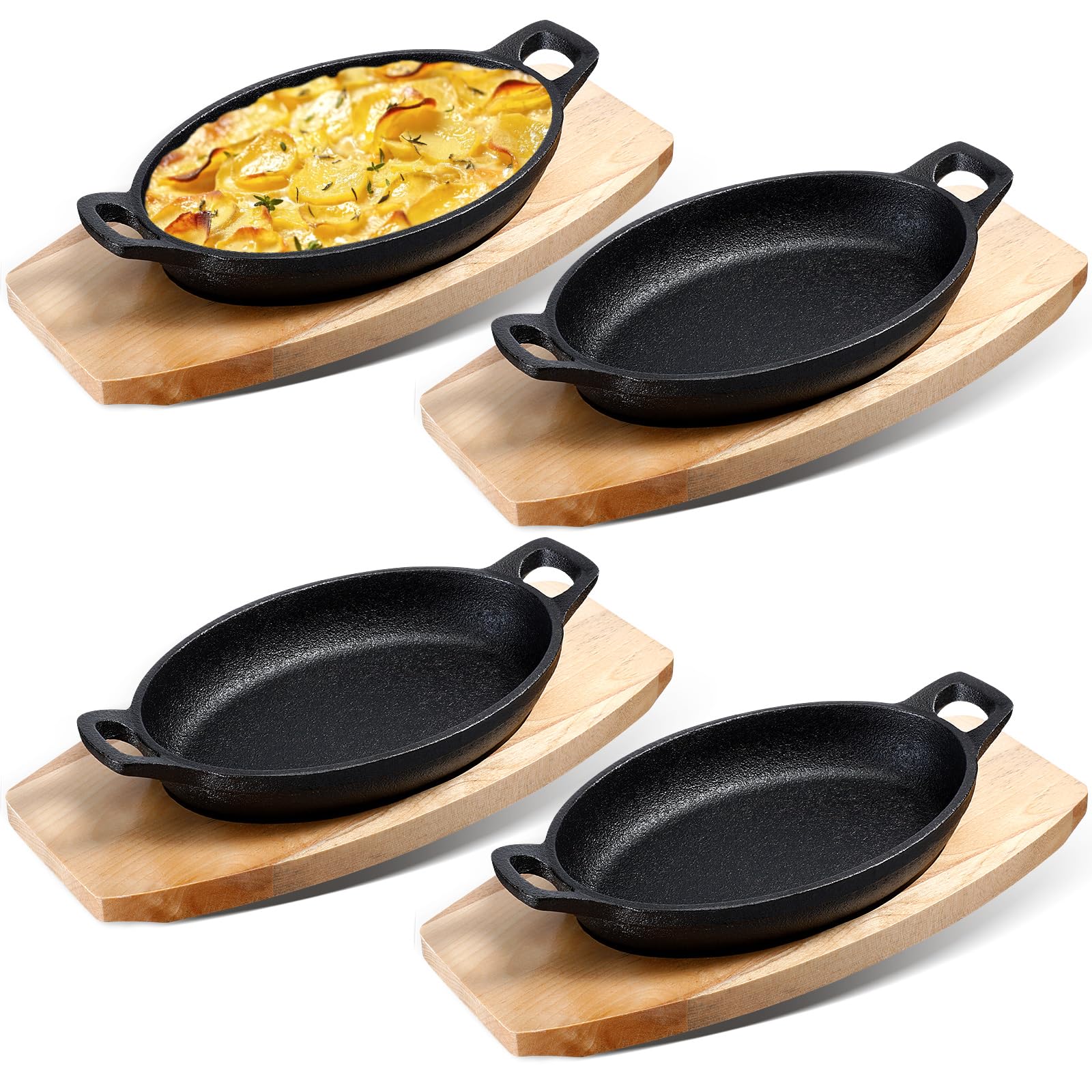 Mifoci Set of 4 Cast Iron Mini Oval Serving Dish Pans with Wooden Base 8oz Mini Cast Fajitas Iron Small Iron Skillet Dishes Blac