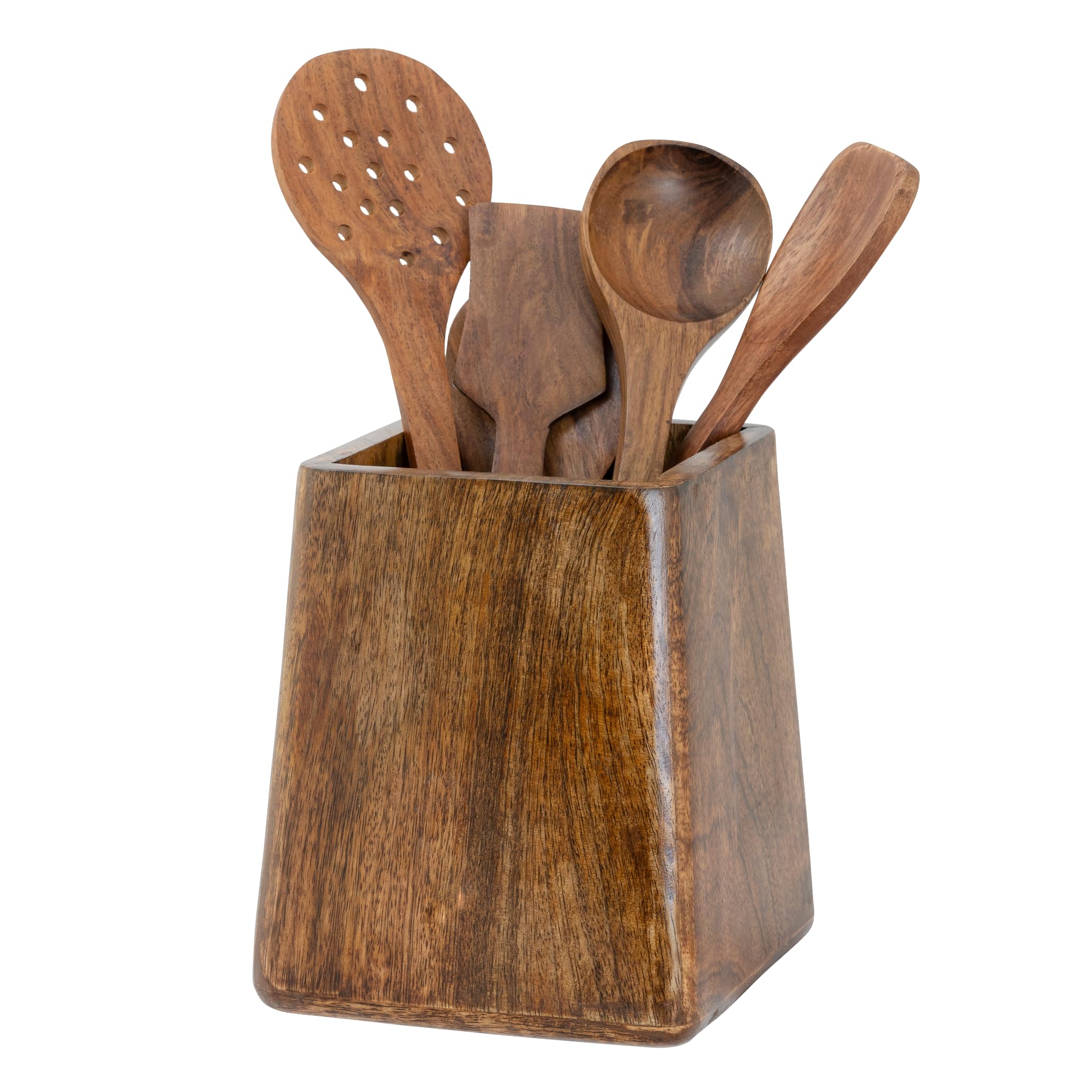 Mie Creations Rustic 7'' Large Utensil Holder Crock For Kitchen Countertop | Mother'S Day Gift Utensils Crock, Wooden Square Tap