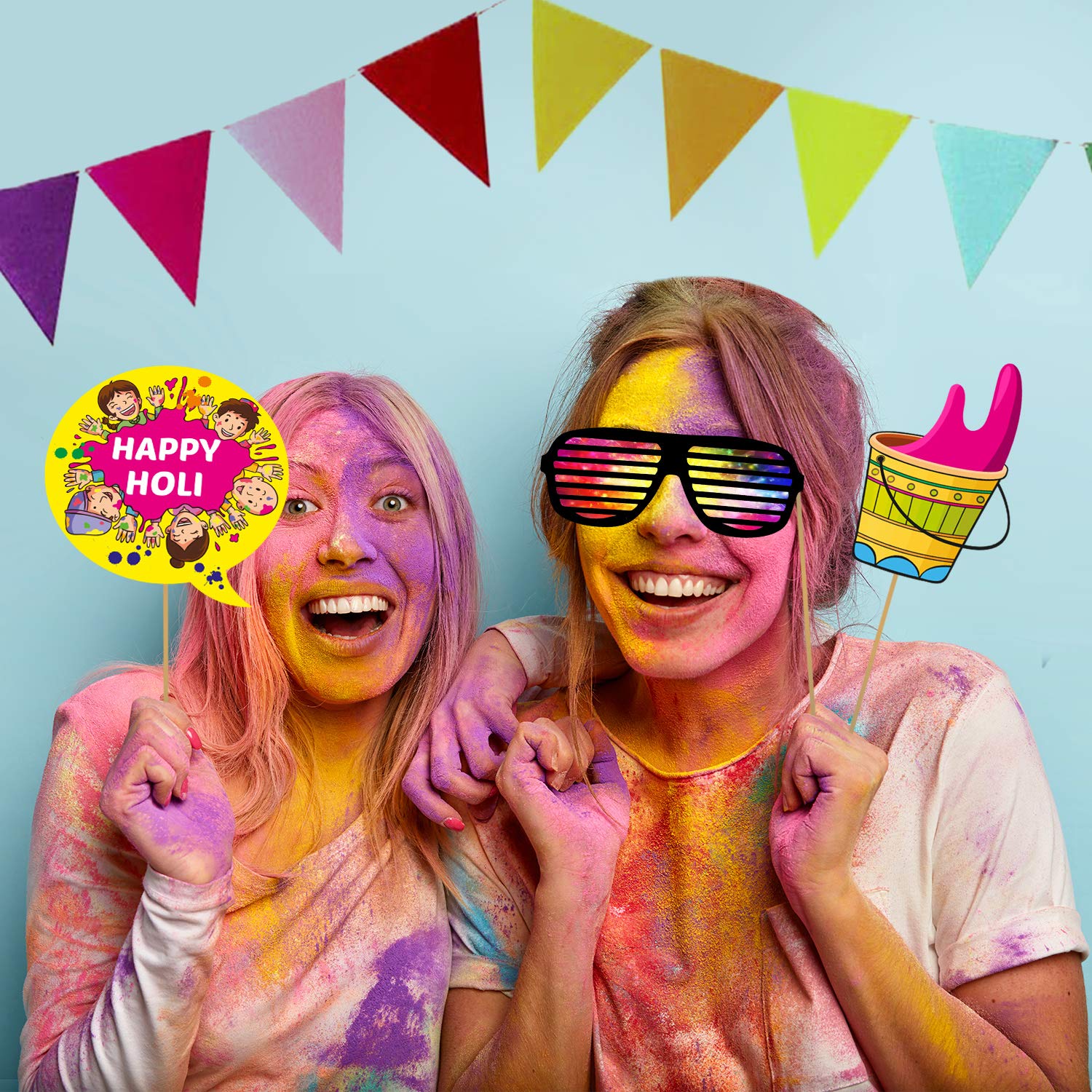 Zyozique 20 Pcs Holi Photo Booth Props/Holi Props for Photoshoot/Happy Holi Paper Banner/Happy Holi Decoration for Holi Festival