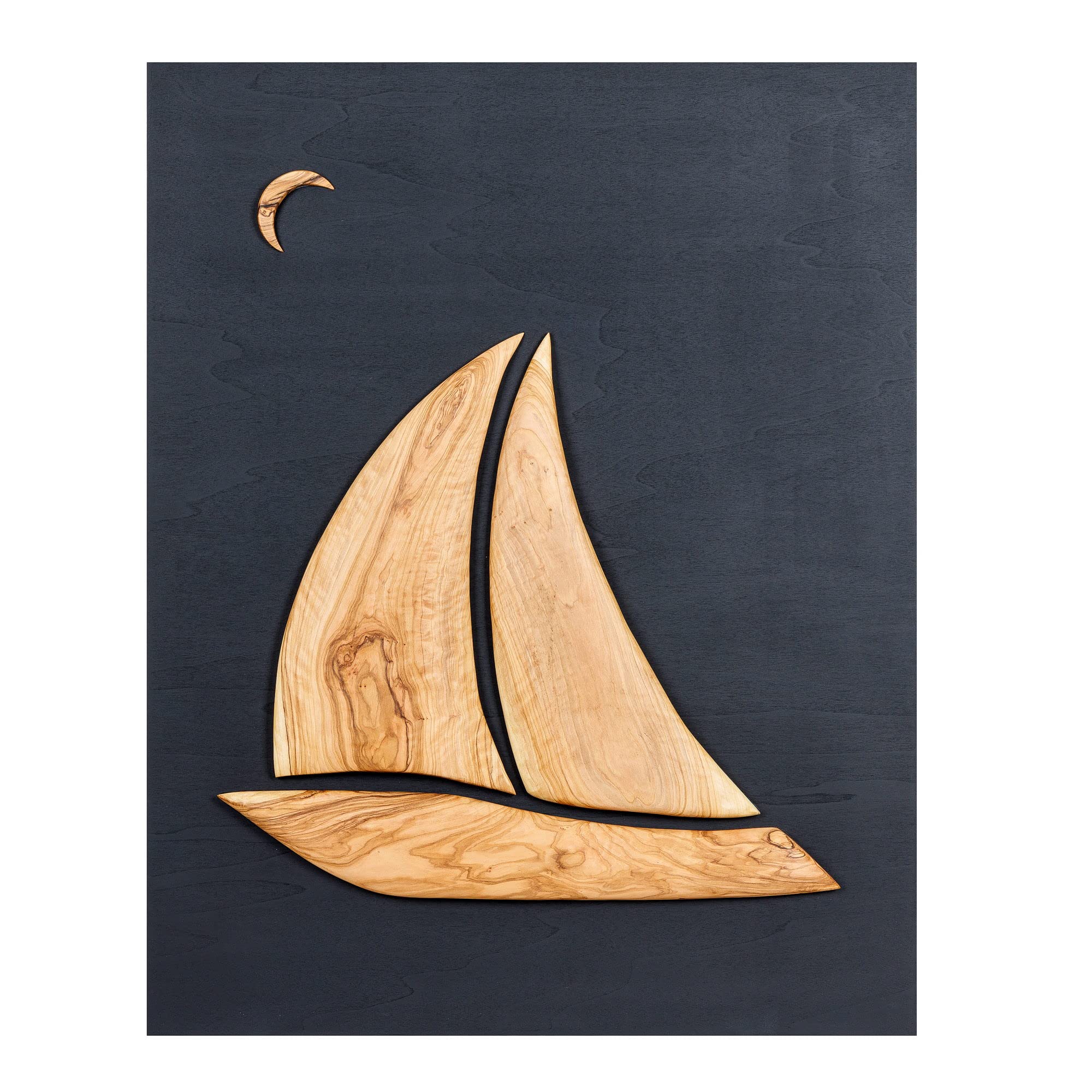 EliteCrafters Olive Wood Sailboat, Modern Wall Decor, Black Wooden Background, Design A, 55x70cm