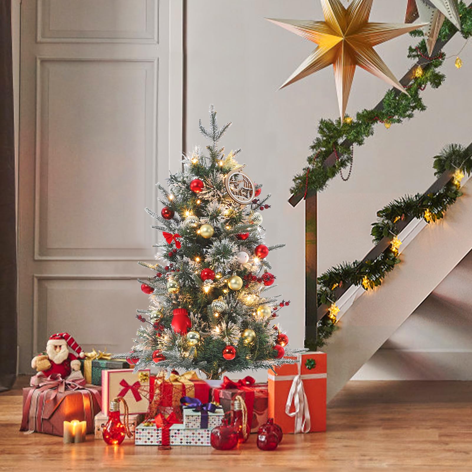 GarveeHome 3 ft Pre-Lit Christmas Tree Set of 2, Artificial Christmas Trees with 78 LED Lights, Snow Flocked Prelit Xmas Tree wi