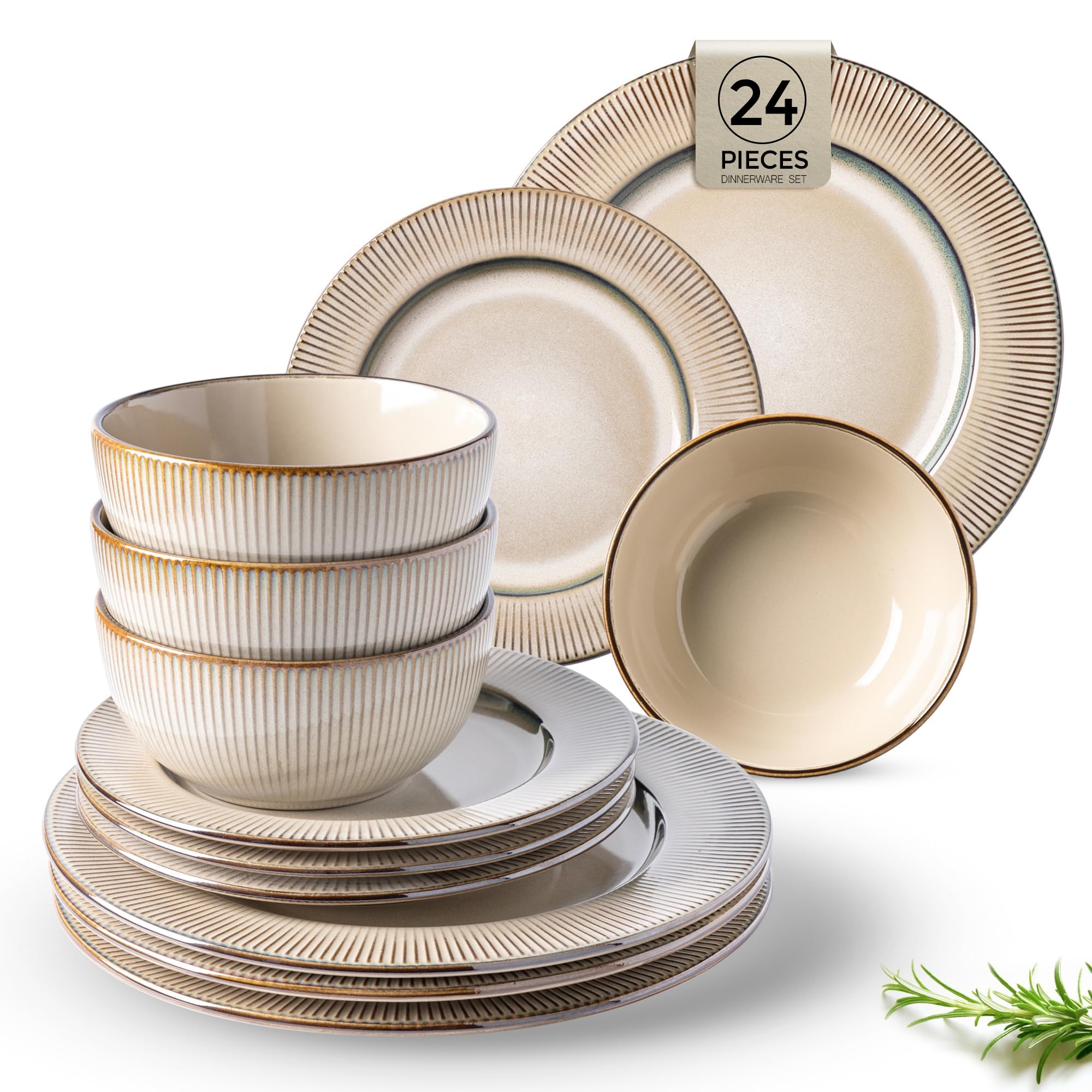 GBHOME Ceramic Dinnerware Sets, 24 Piece Embossed Elegant Stoneware Plates and Bowls Sets, Housewarming Wedding Gift | Dishwashe