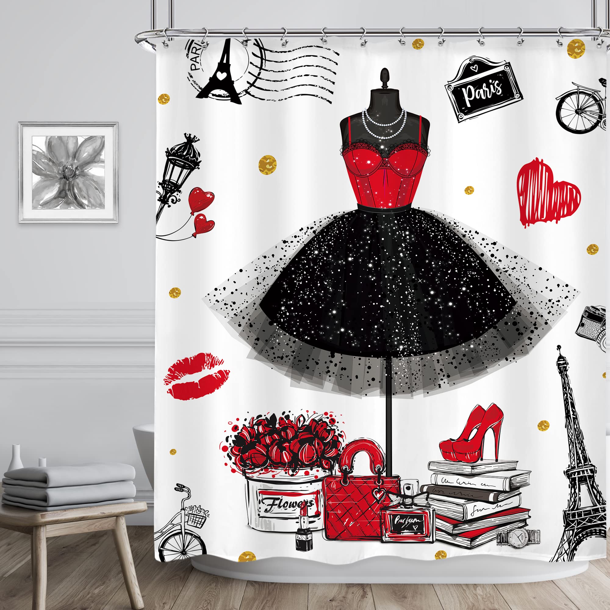 Riyidecor Girly Dresses Fashion Shower Curtain 60Wx72H Inch Women Black and Red Skirt Perfume Bottles Paris Tower Modern Bathroom Decor Fabric Polyester Waterproof 12 Pack Hooks