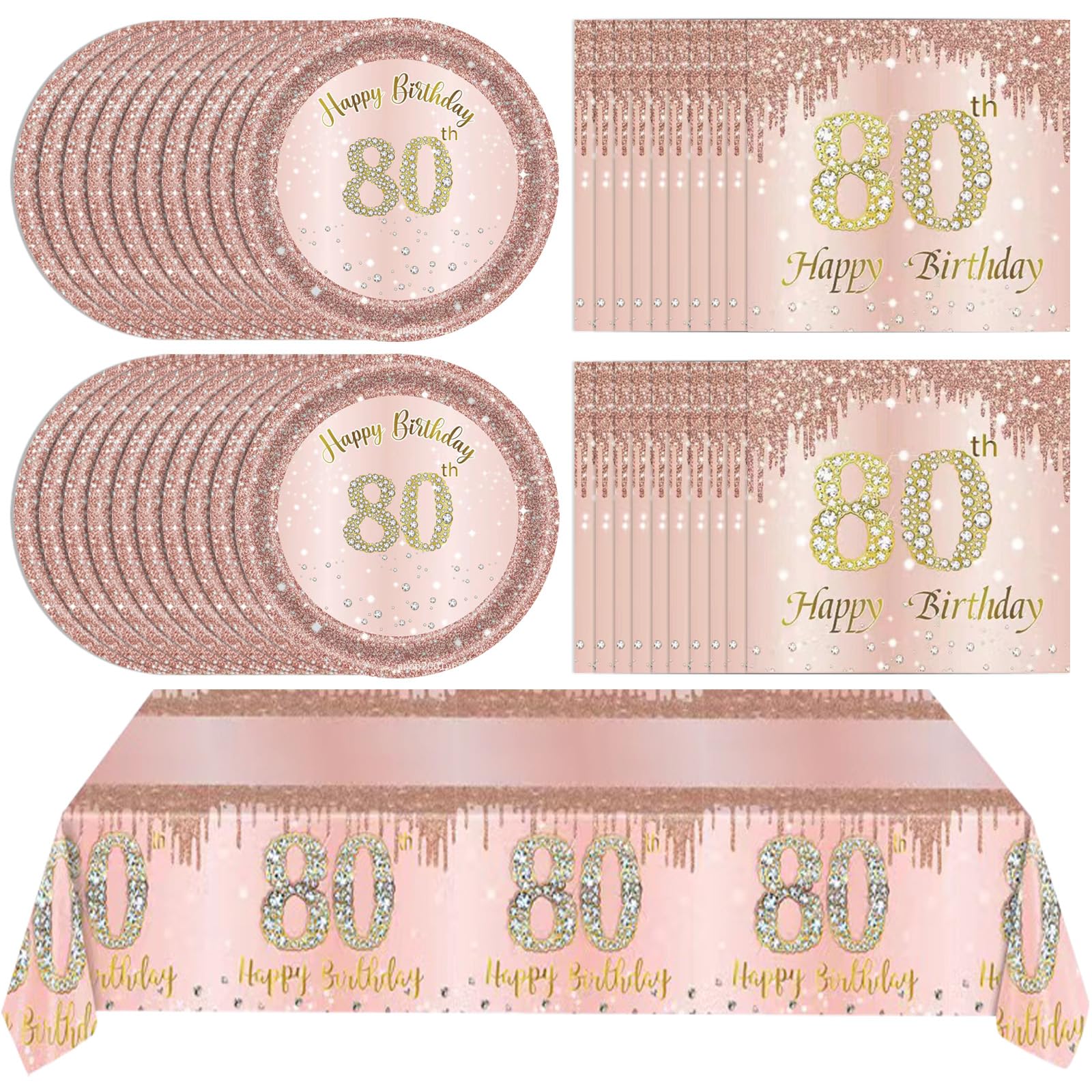 41Pcs 80Th Birthday Decorations, Rose Gold Birthday Party Supplies Include 20Pcs Plates 20Pcs Napkins And 1Piece Tablecloth, Swe