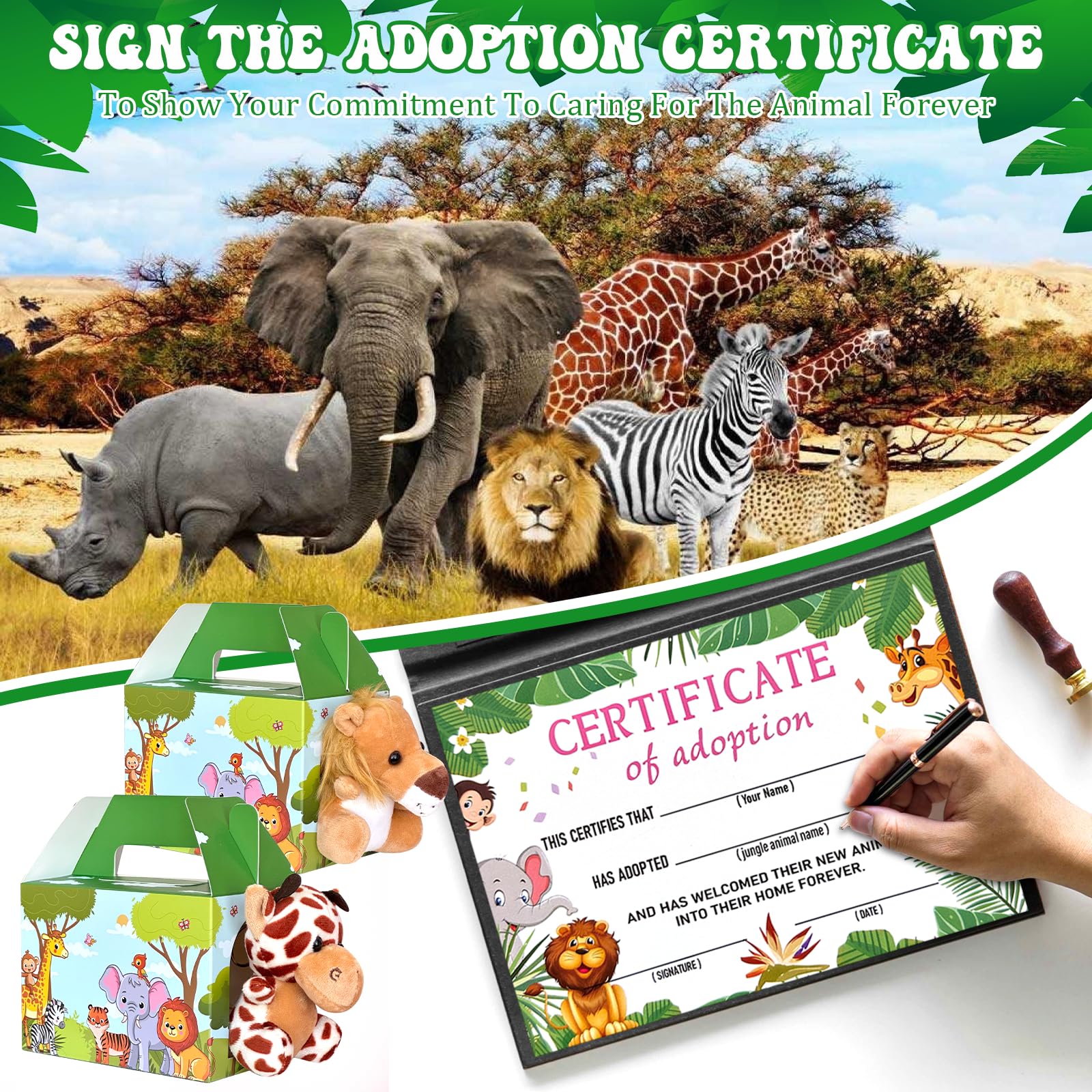 38 Pcs Safari Jungle Party Favors Include 12 Foldable Paper Boxes 12 Forest Mini Stuffed Animals 12 Adoption Cards 1 Adoption Si