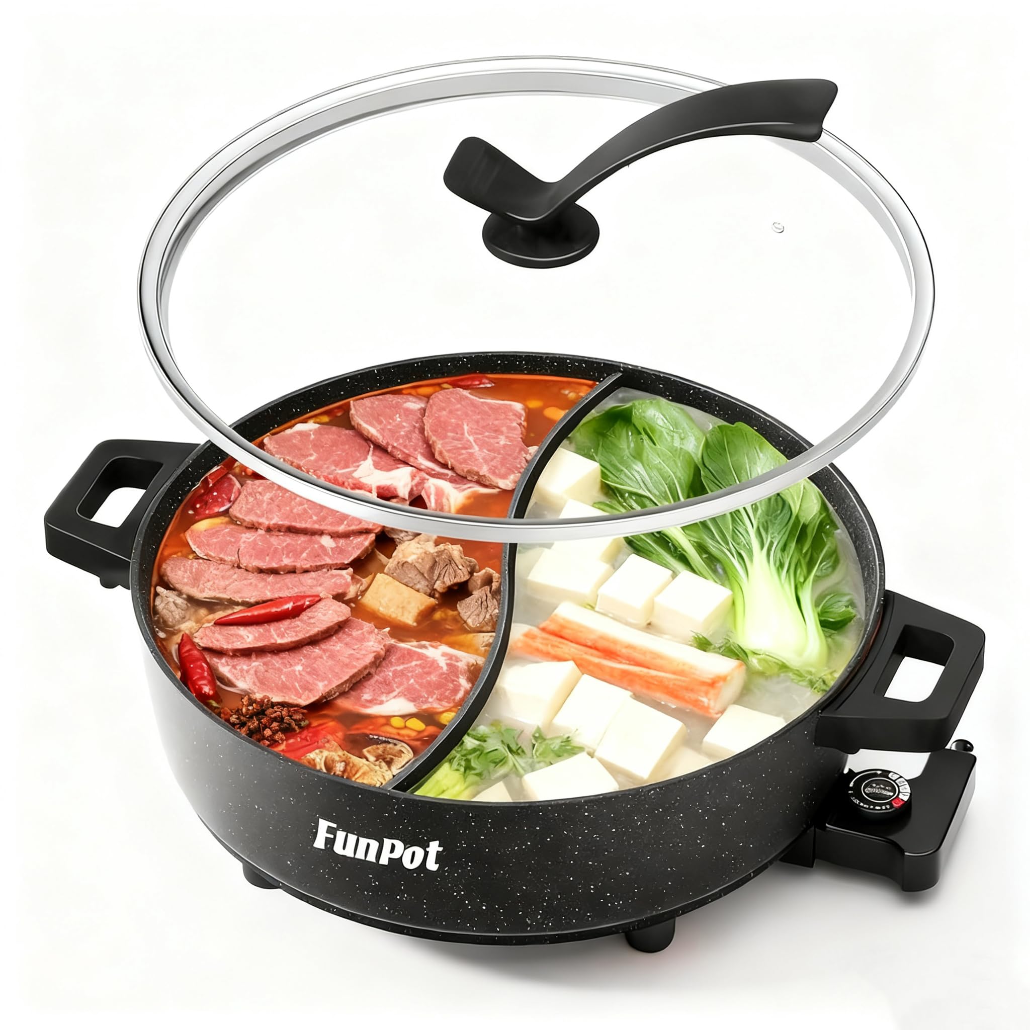 6L Electric Hot Pot with SDivider, Heat Settings, Black Hollow Handles