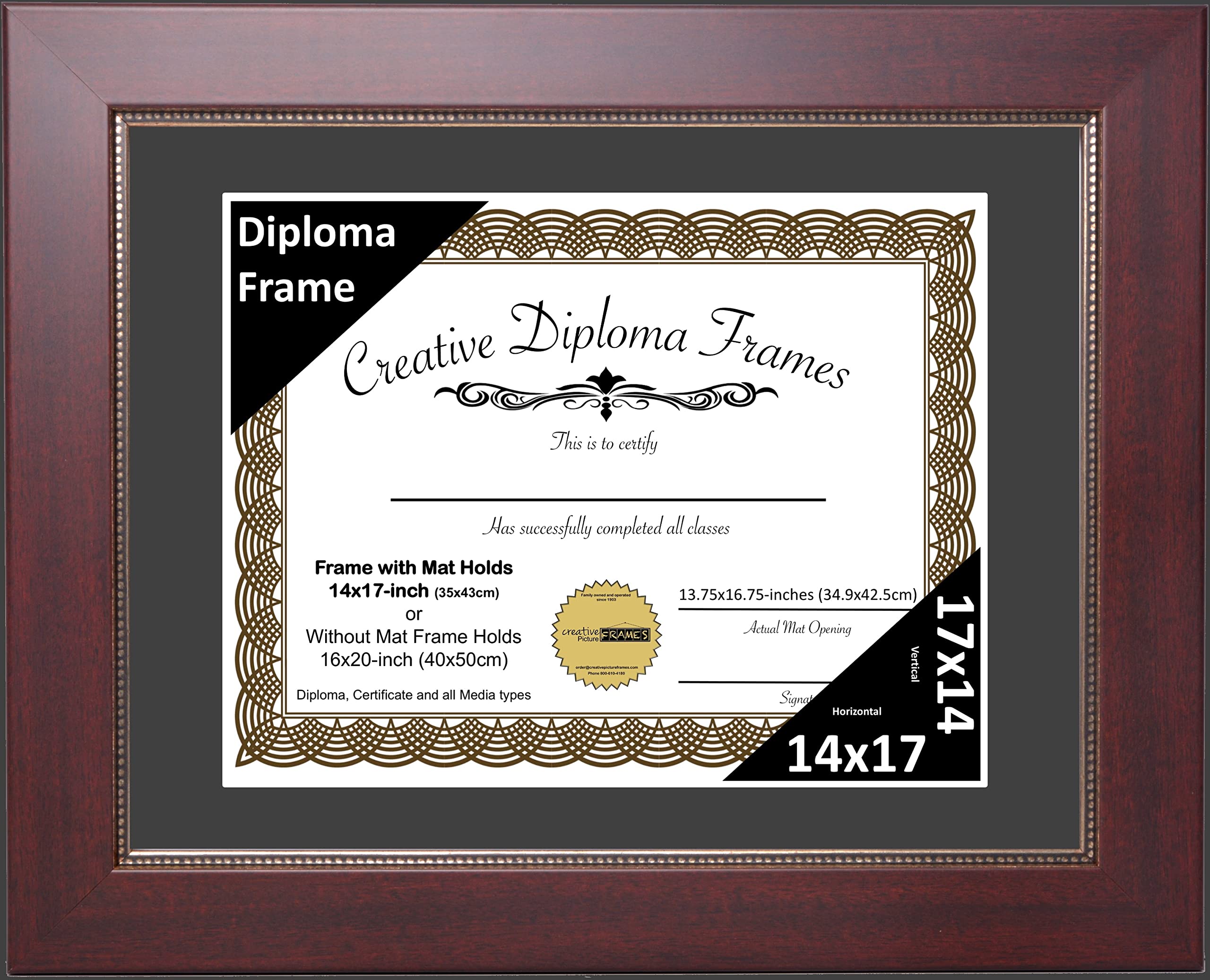 Creative Picture Frames 14x17 Empire Mahogany Diploma Frame with Black Mat Glass and Installed Wall Hangers | Frame Holds 16x20 