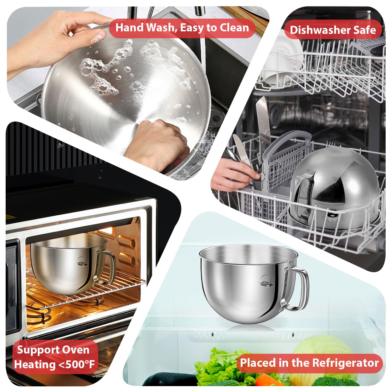 dabebauver 6QT Stainless Steel Mixing Bowl with Lid Covers for Kitchenaid Stand Mixers - Model Bowl-02, Dishwasher Safe