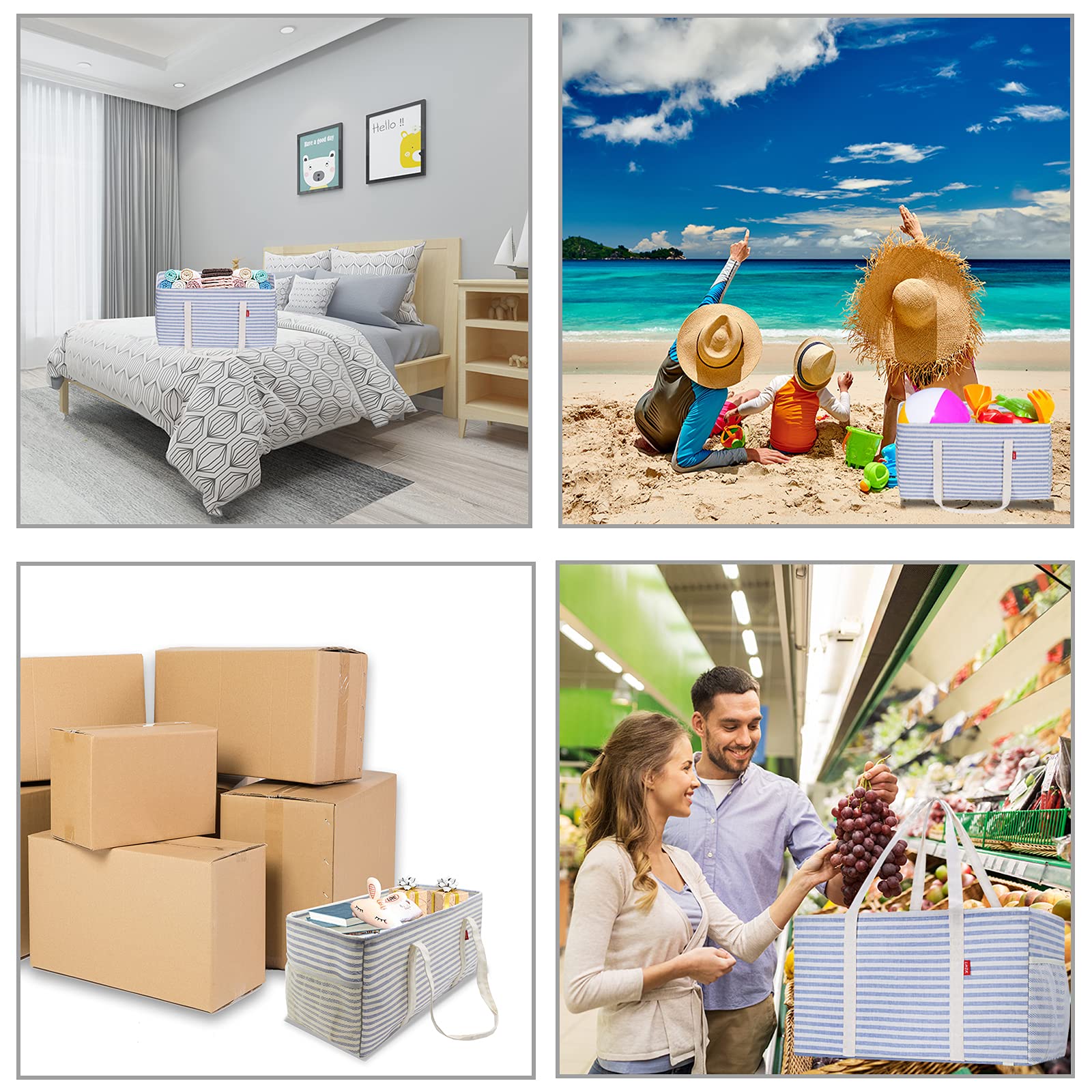 Lhzk Standing Extra Large Utility Tote Bag With Metal Wire Frame And The Sides Rinforced, Large Collapsible Tote (Blue)