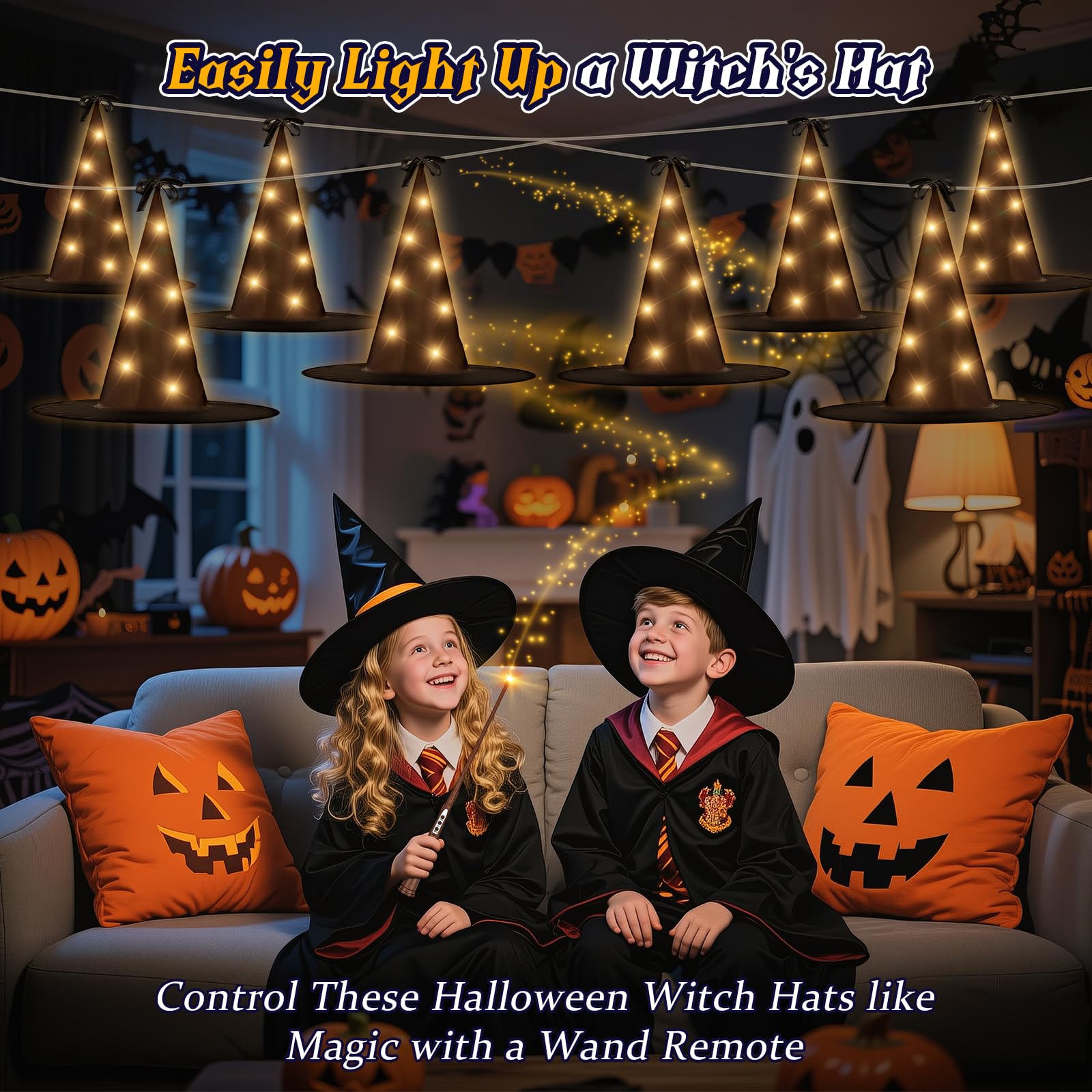 FlyQintess 8Pcs Hanging Witch Hats String Light, Floating Witch Hat with 8 Light Modes with Wand Control, Floating Light Up Blac