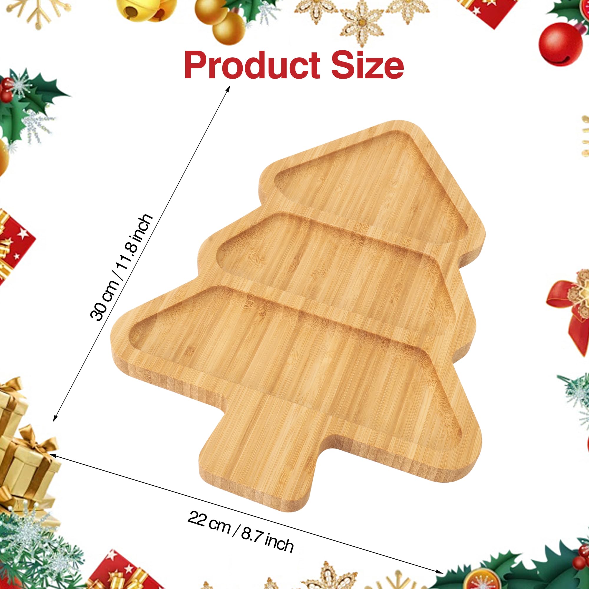 Christmas Serving Tray, Bamboo Christmas Tree Serving Platter with 3 Compartments, Charcuterie Board Serving Dishes 11.8 x 8.7 f