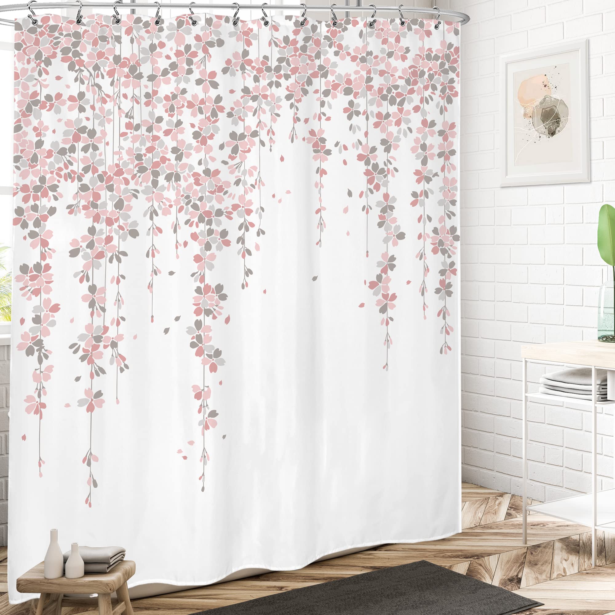 Lightinhome Grey Pink Floral Shower Curtain 60Wx72H Inches Weeping Cherry Blossom Dusty Roses Spring Flowers Bathroom Home Decor