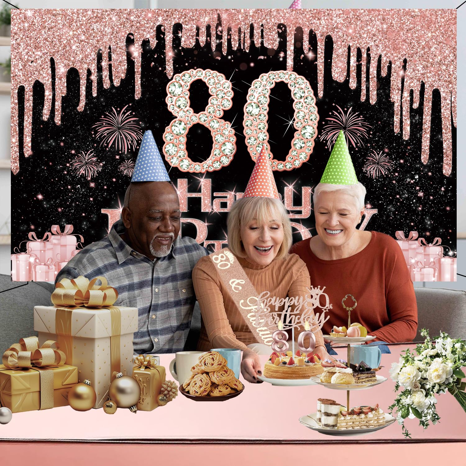 80Th Birthday Decorations For Women With Banner, Rose Gold Tablecloth, Number Balloons, 80Th Birthday Sash And Tiara, Cake Toppe