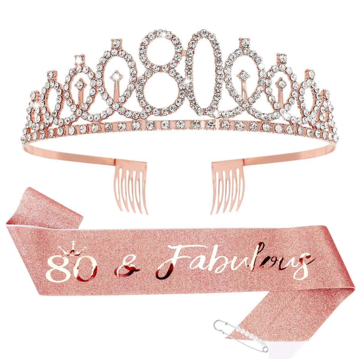 Cieher 80Th Birthday Crown + Sash + Pearl Pin Set, Elegant Gift For Women 'S 80Th Birthday Party Decorations