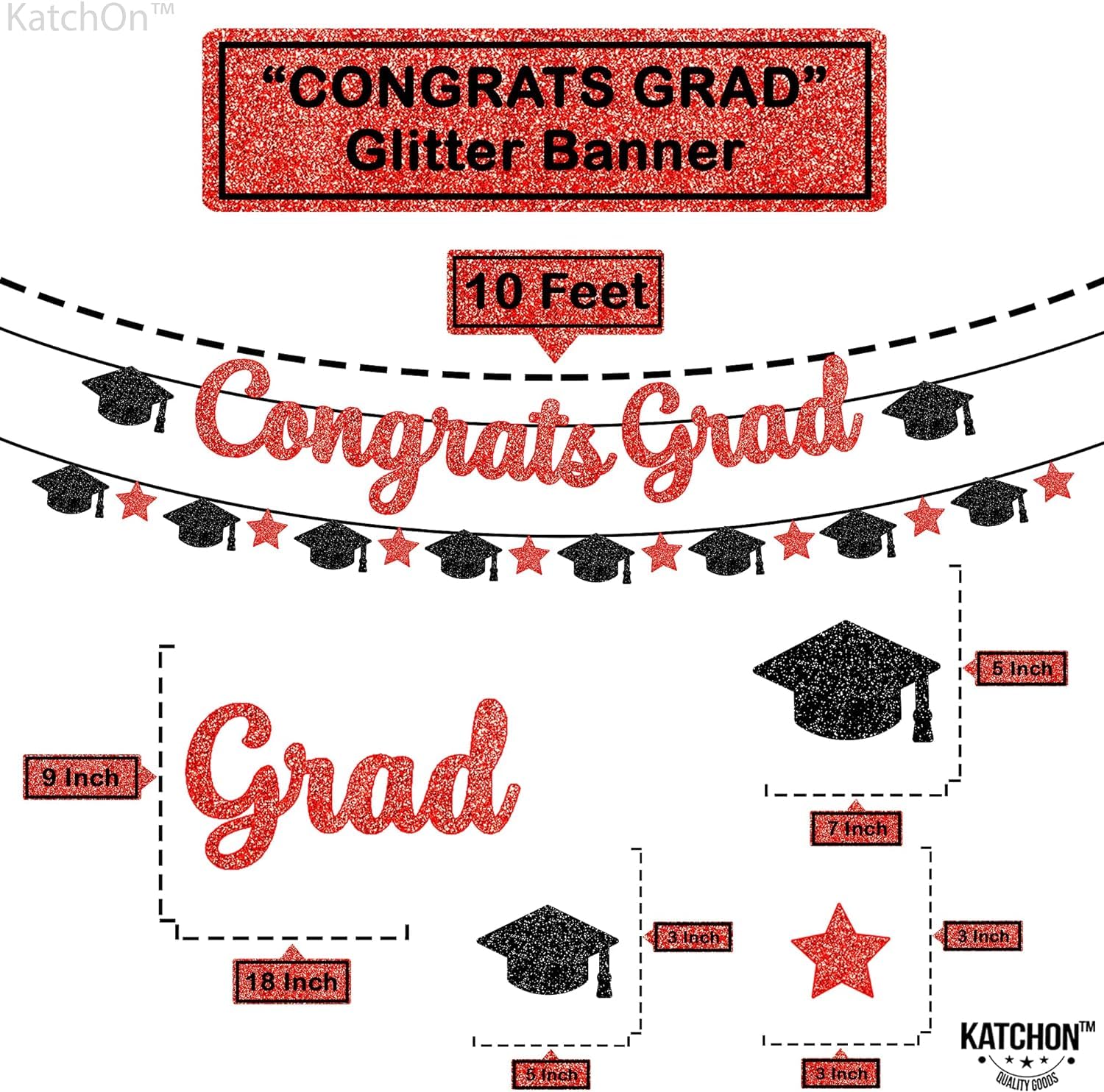 Katchon, Glitter Congrats Grad Banner Red And Black - 10 Feet | Black And Red Graduation Banner, Grad Cap Garland For Graduation