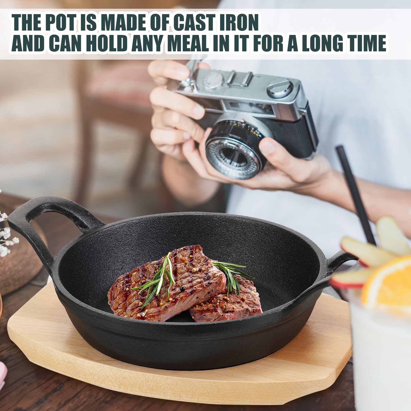 Sliner 4 Sets Mini Cast Iron Skillet Mini Cast Iron Sizzler Plates Skillet With Wooden Base Small Round Cast Iron Pan Fajita Cas