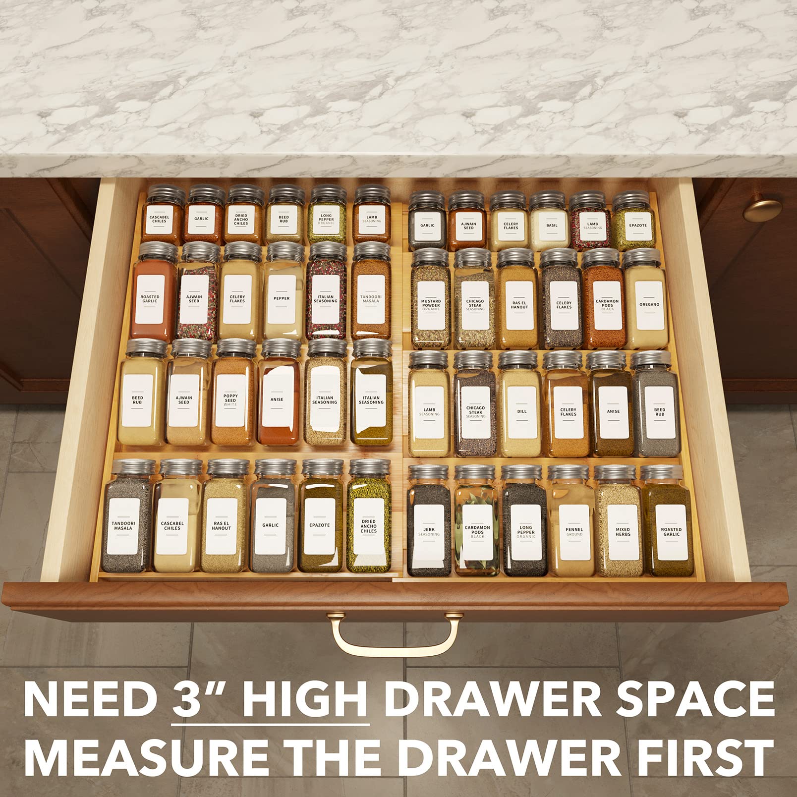 SpaceAid Bamboo Spice Drawer Organizer, (Need 3'' Deep Drawer) Expandable 4 Tier Spices Rack for Cabinet, Kitchen Seasoning Stor