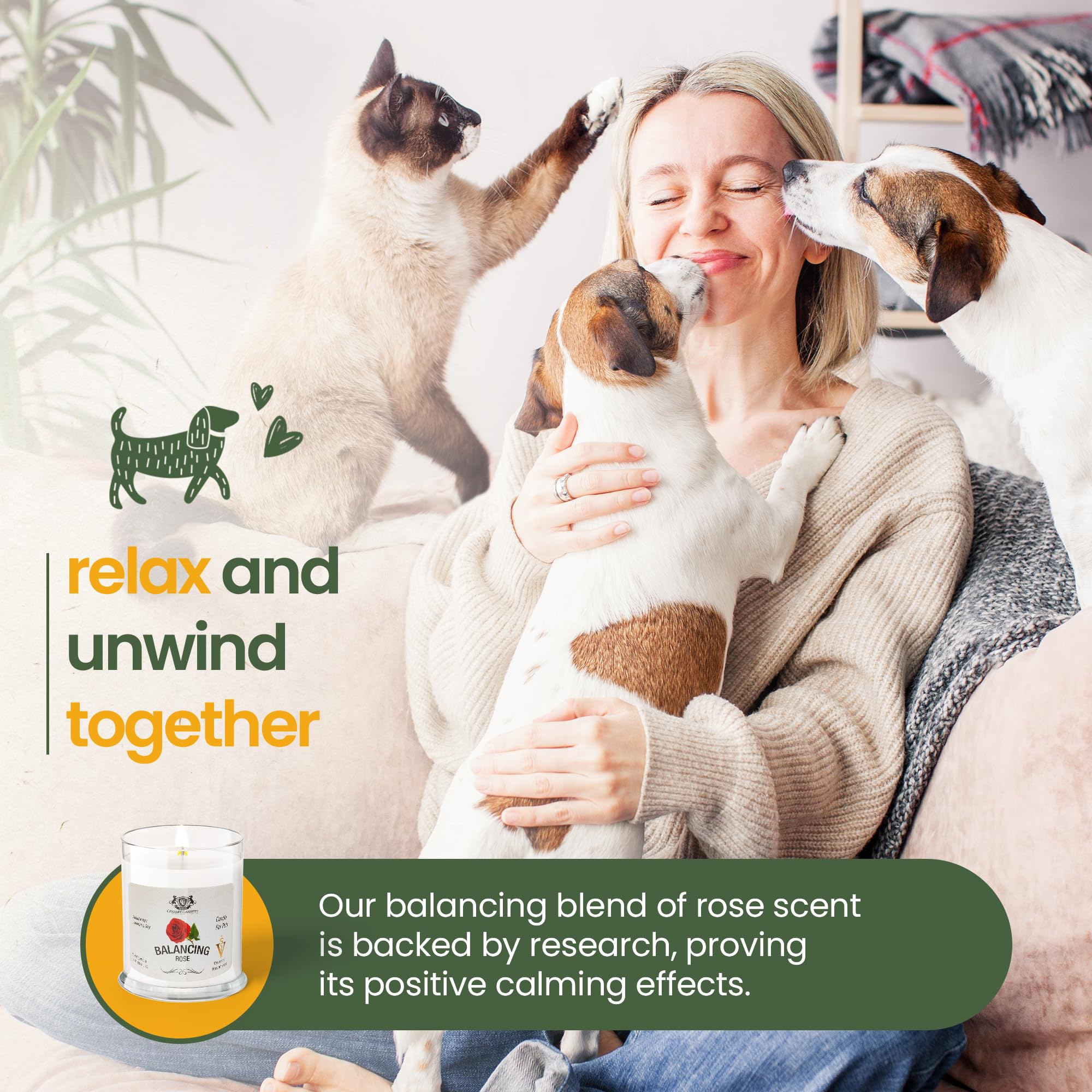 Pet Odor Eliminator Candle Balancing Rose Scented Candles for Home Decor - Calming Candles Aromatherapy, Soy Wax Pet Candles Odo