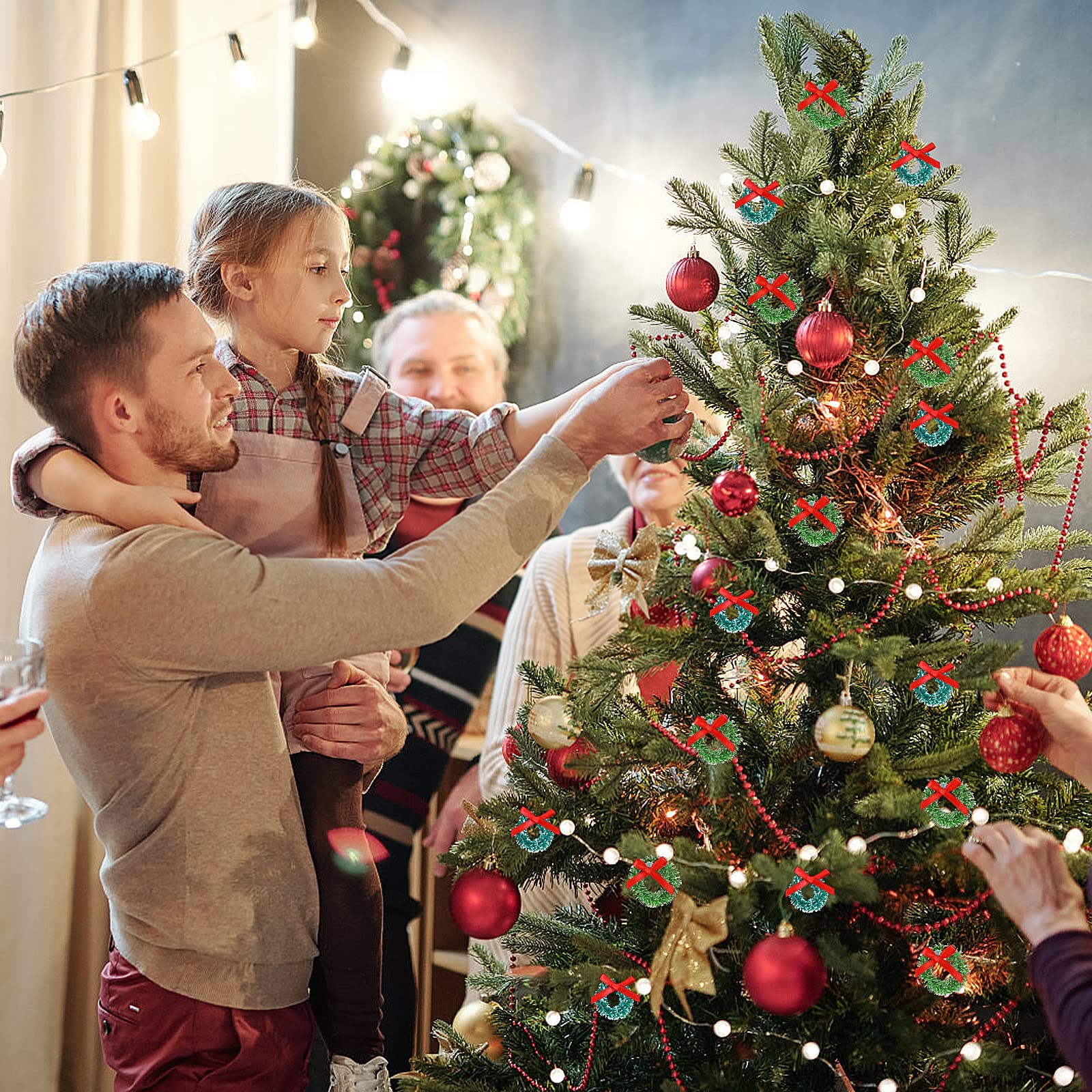 24 Pcs Mini Christmas Wreaths 1 Inch Xmas Tree Wreaths, Hanging Christmas Tree Wreath Ornaments for Christmas and Winter Holiday