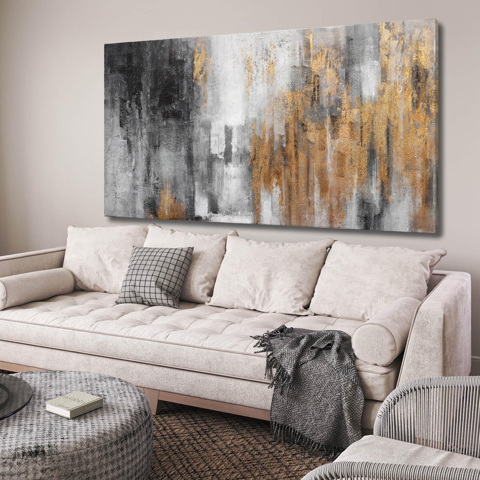 Yjyart Black And Gold Wall Art - Hand Painted Painting - Vintage Decor For Living Room -Abstract Picture For Bedroom Office Hote