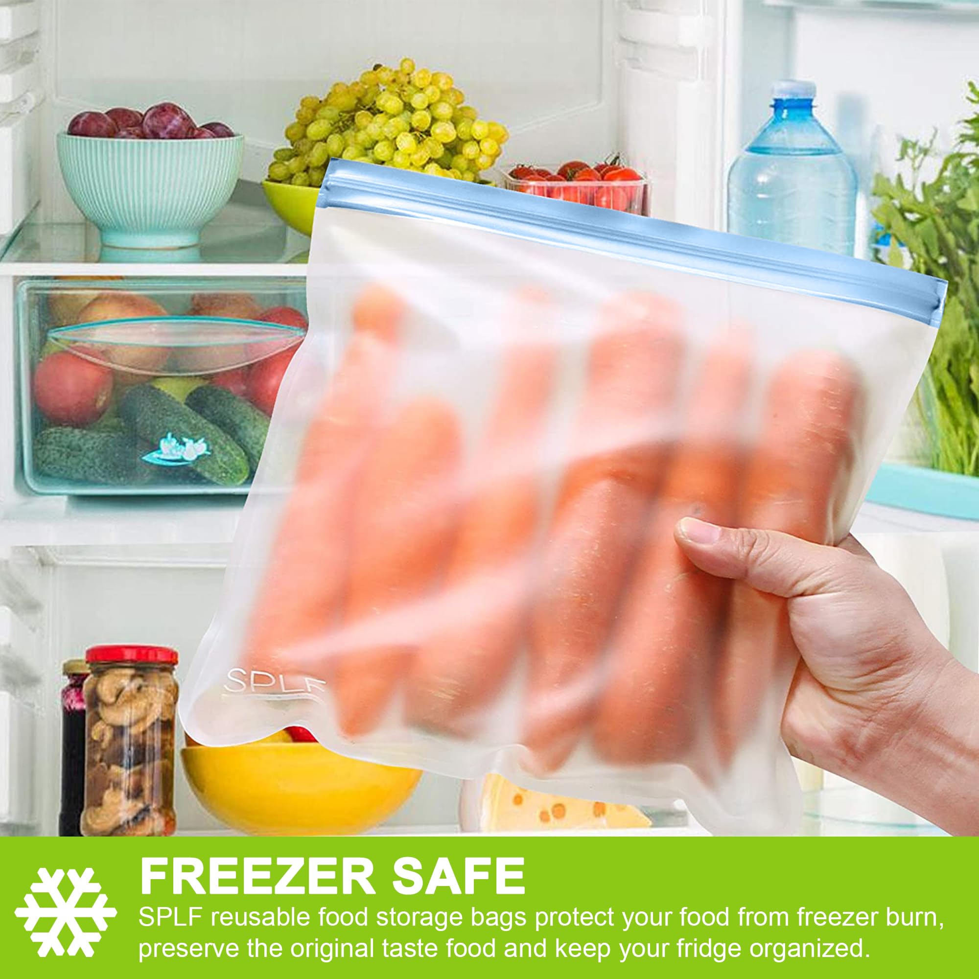 SPLF 12 Pack Dishwasher Safe Reusable Snack Bags, BPA Free Storage Bags, Extra Thick Leakproof Freezer Bags Silicone and Plastic