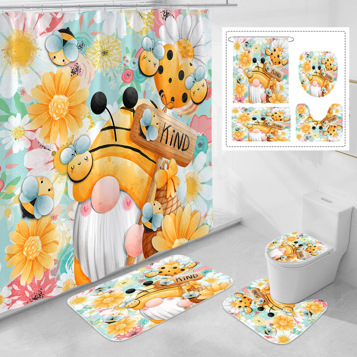 Litabel 4 Pcs Sping Gnomes Shower Curtain Set With Non-Slip Rugs, Toilet Lid Cover And Bath Mat, Boho Floral Bathroom Decor Set