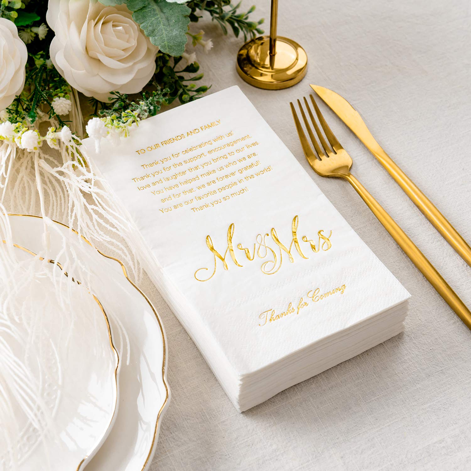 Crisky Gold Mr & Mrs Dinner Napkins Wedding Dinner Napkins Replace Thank You Card Disposable Decorative Towels for Wedding Shower Banquet Rehearsal Dinner Decoraions  100 Pcs  3-ply  12''x16''