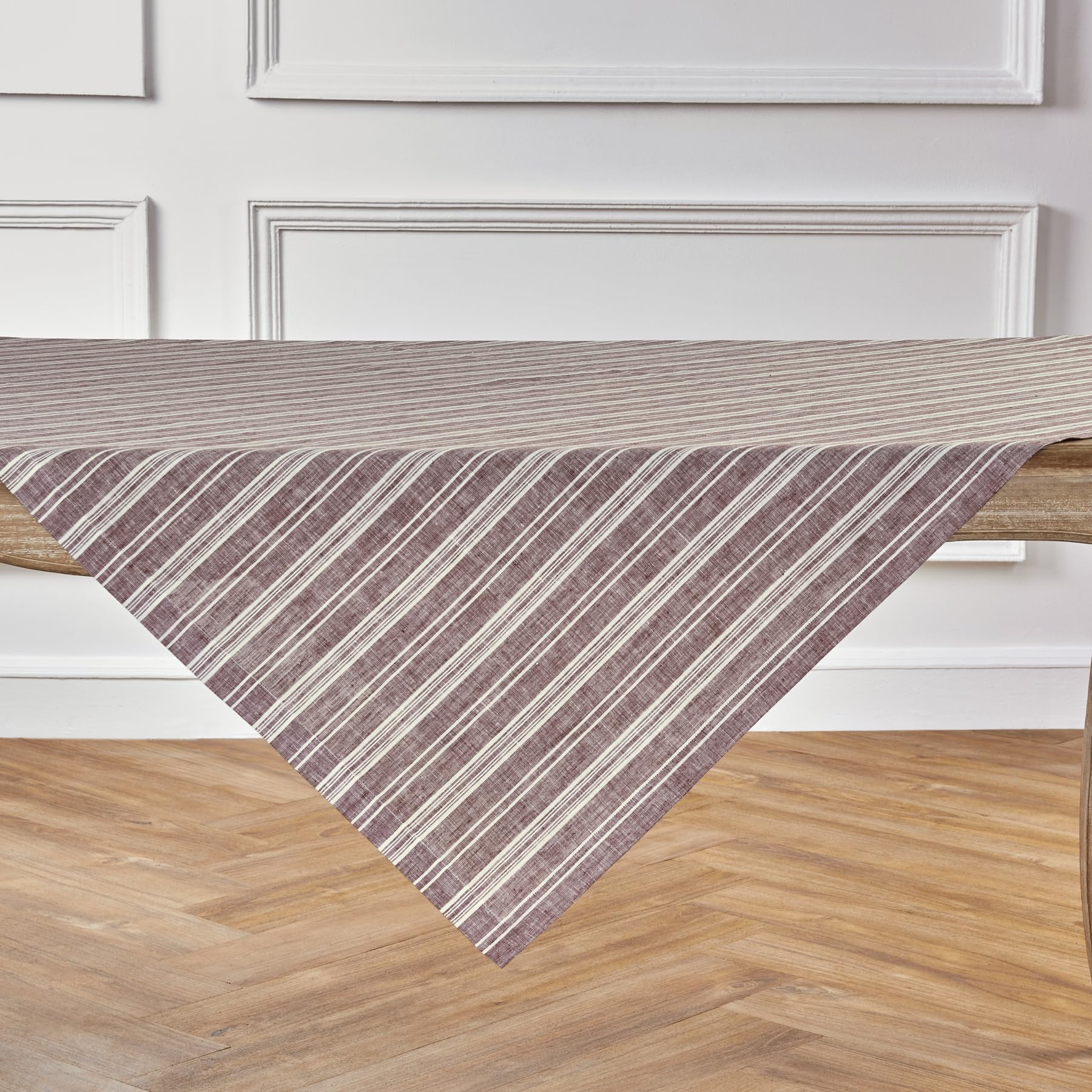 Solino Home Stripe Linen Tablecloth - 100% Pure Linen Burgundy And White Table Throw 52 X 52 Inch - Handcrafted And Machine Wash