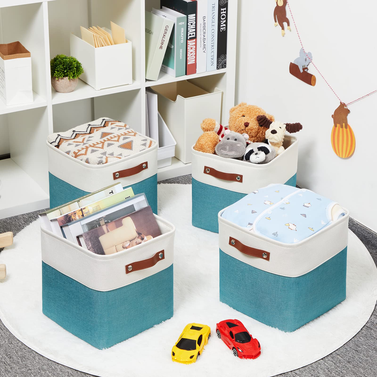 HNZIGE Cube Storage Basket(4 Pack ) Collapsible Baskets for Shelves Dog Toys Book 12x12 Fabric Storage Cube Bins Set for Room Office Closet(White&Teal)