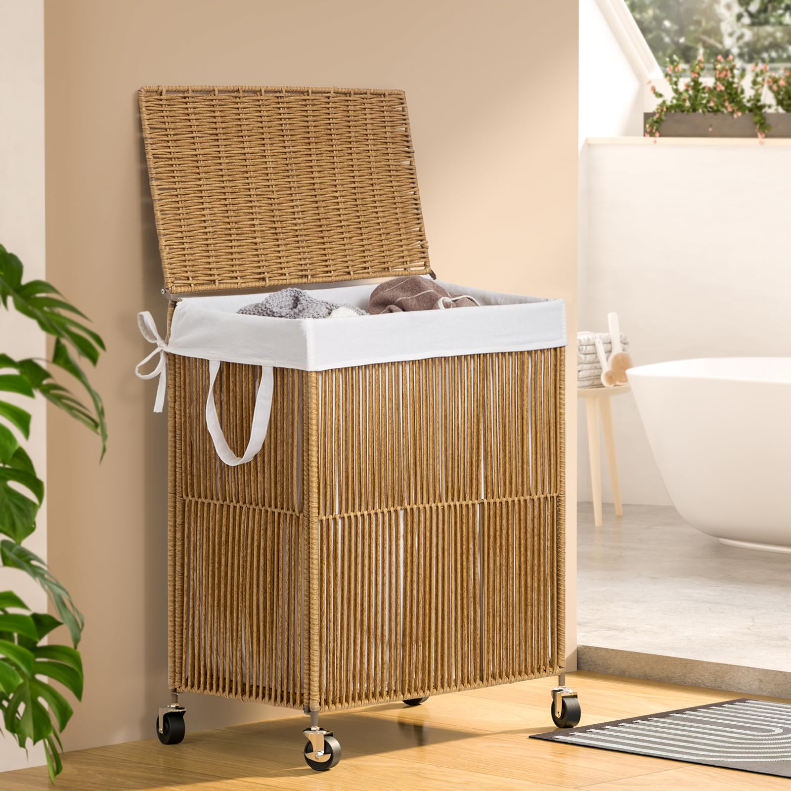 Wowlive Laundry Hamper With Wheels, Handwoven Rolling Laundry Basket With Lid, Clothes Hamper With Divided Removable Liner Bag,
