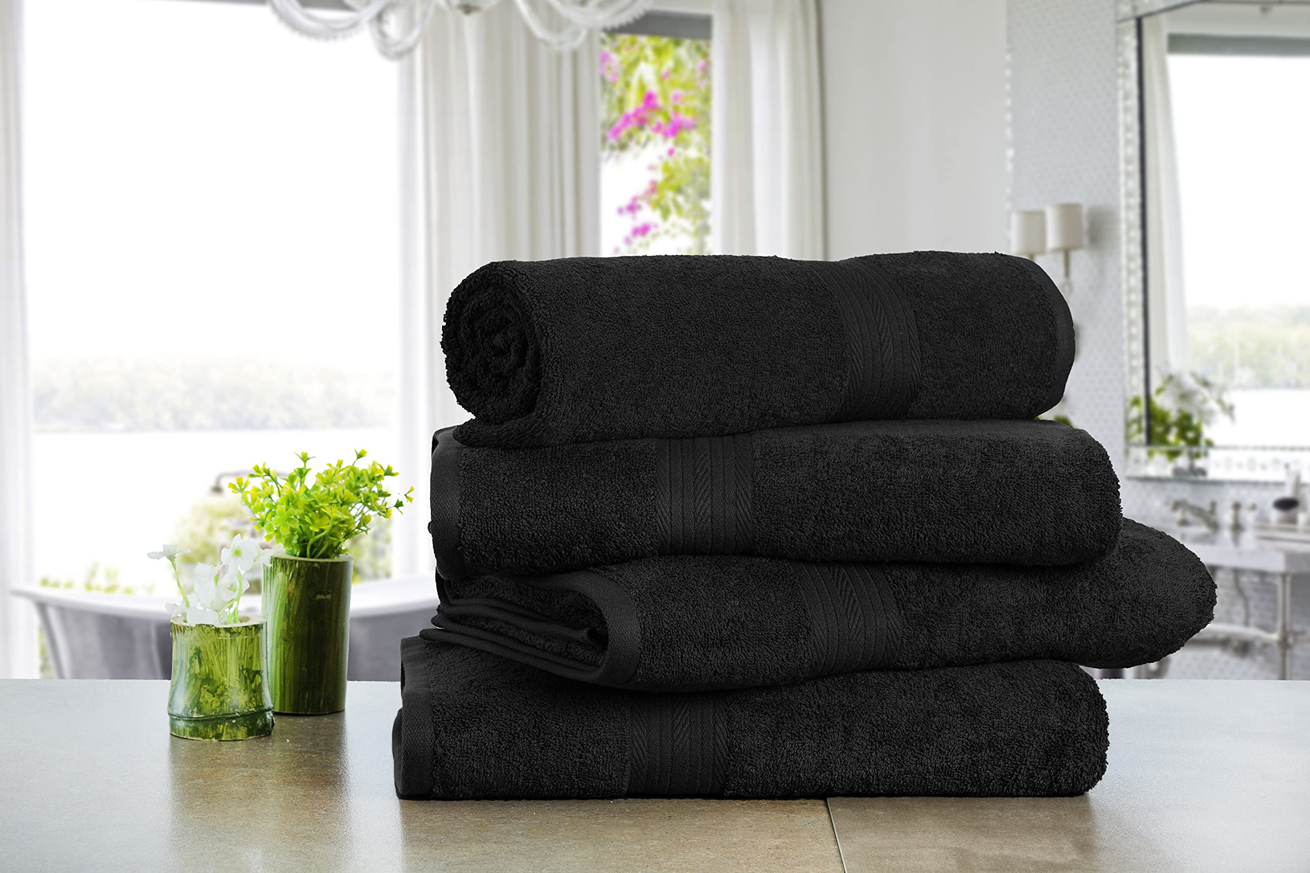 Ample Decor Bath Towels For Bathroom 30 X 54 Inch Soft And Absorbent 100% Cotton 600 Gsm- 4Pcs Black