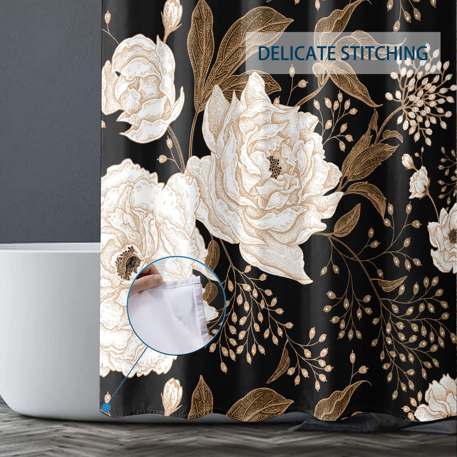 Bivinar Long Black Gold Floral Shower Curtain 72 X 78 Inch, Black Flowers Bathroom Shower Curtain, Fabric Waterproof Shower Curt