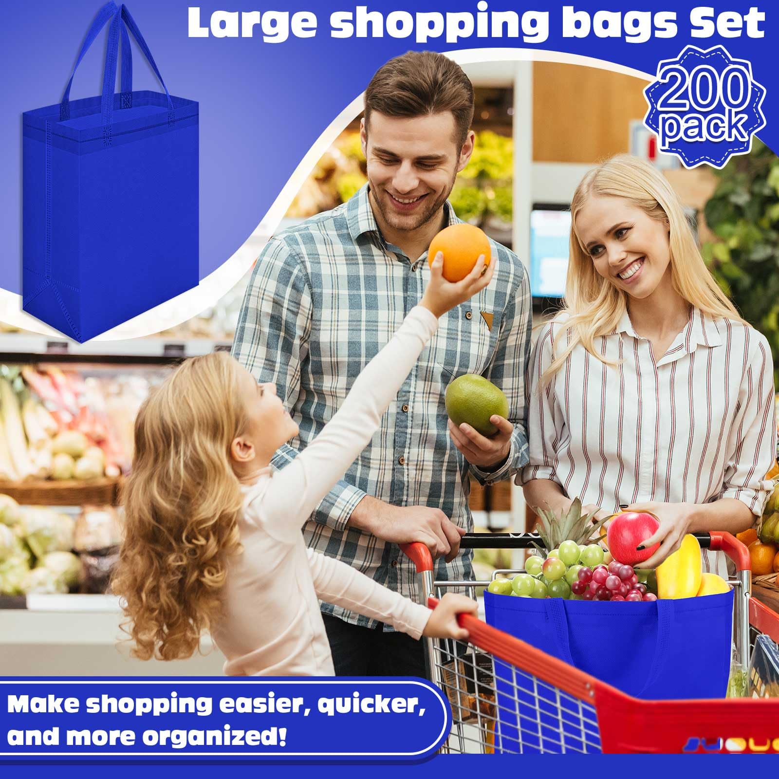Windyun 200 Pcs Reusable Tote Bag Bulk 8 x 4 x 10 Inch Non Woven Shopping Bag with Handle Reusable Grocery Gift Tote (Blue)