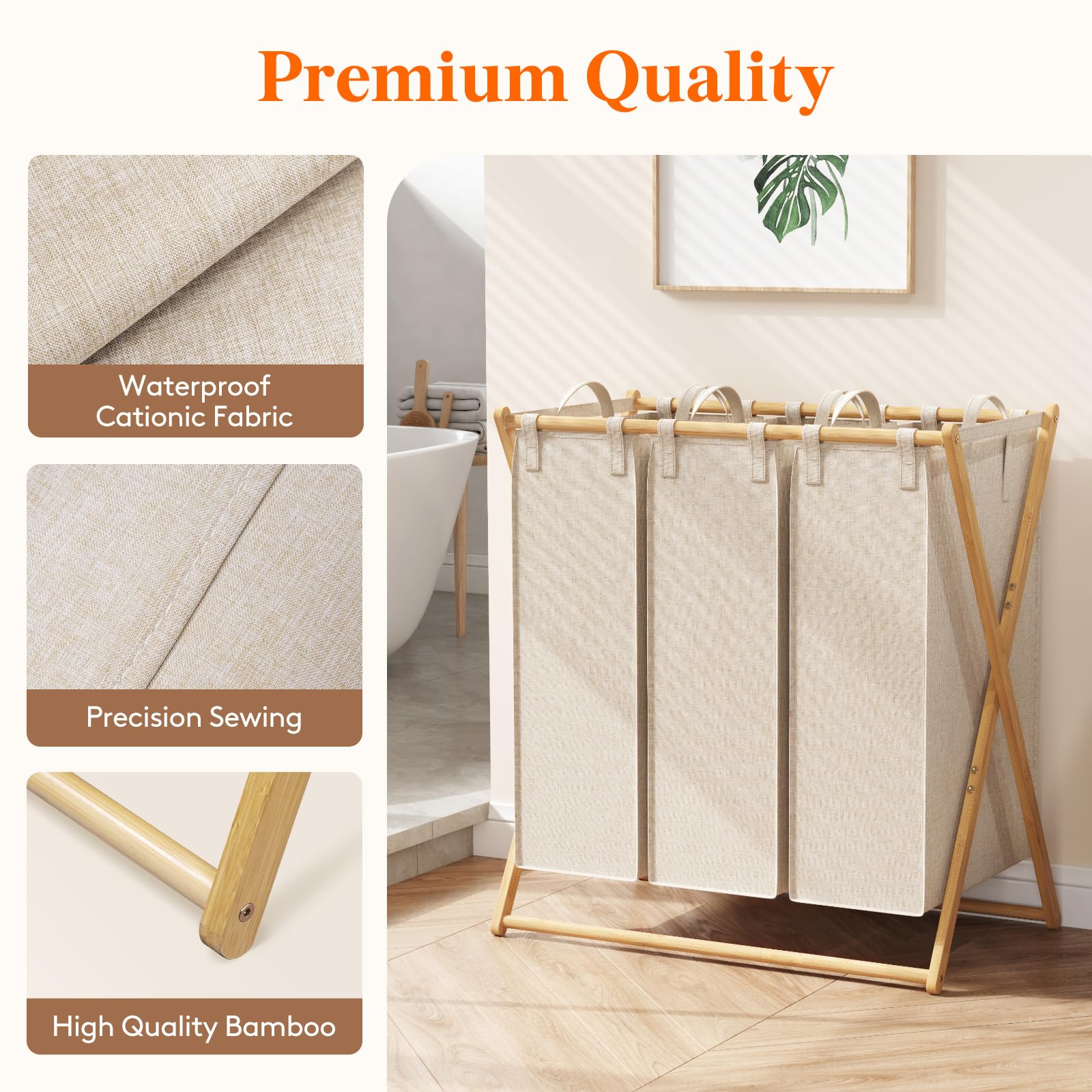 Lifewit 150L Large Laundry Hamper 3 Section, Collapsible Bamboo X-Frame Laundry Basket Sorter, Clothes Hamper With 3 Removable B