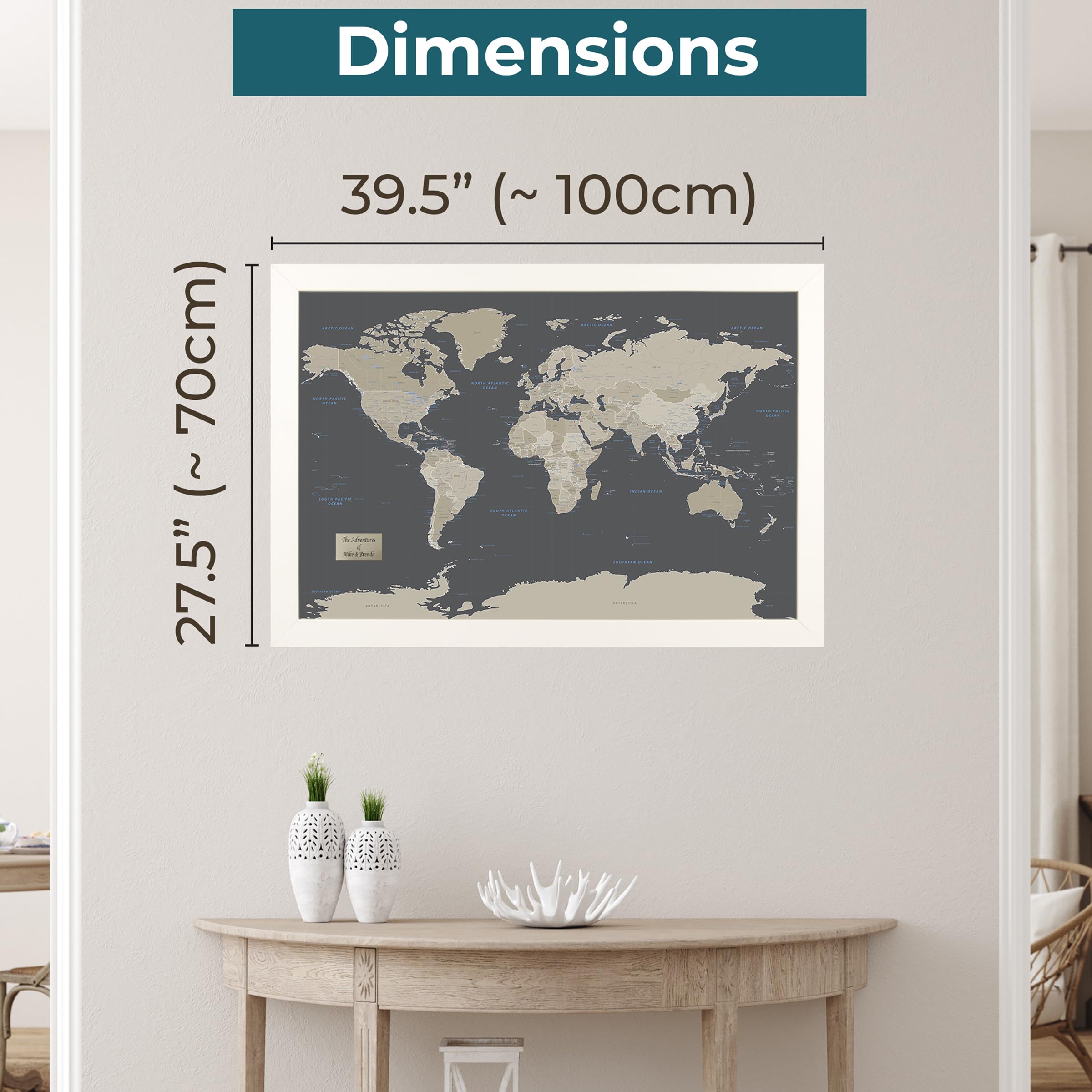 Personalized Earth Toned World Push Pin Travel Map With Textured White Frame And Pins - 27.5 Inches X 39.5 Inches