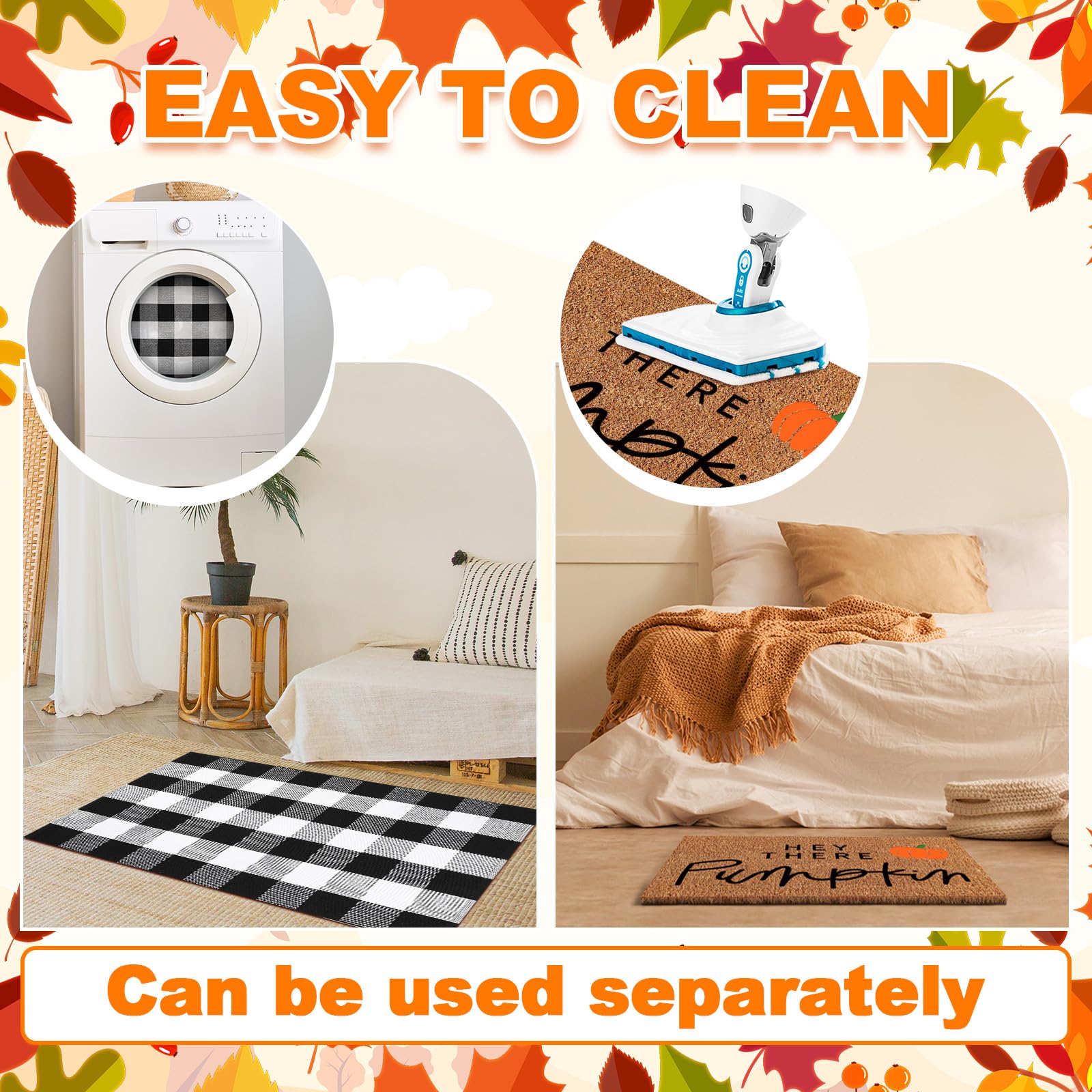 2 Pcs Fall Coir Doormat Outdoor Hey Pumpkin Welcome Outdoor Rugs for Layered Buffalo Black White Plaid Mats for Thanksgiving Aut