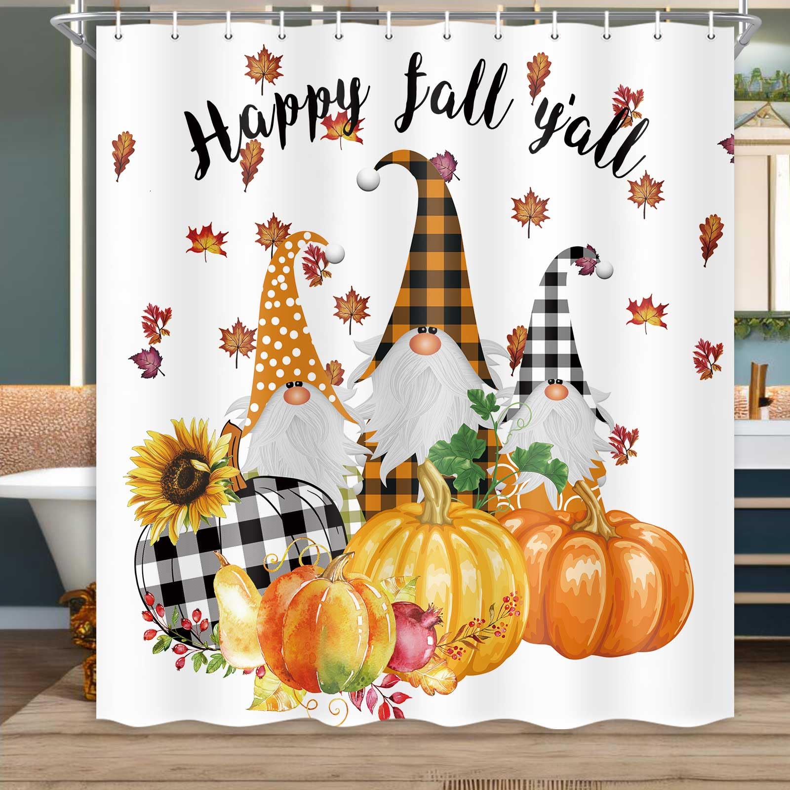 Merchr Fall Shower Curtain For Bathroom, Autumn Sunflower Pumpkin Gnome Design Thanksgiving Bathtub Curtains, Waterproof Fabric