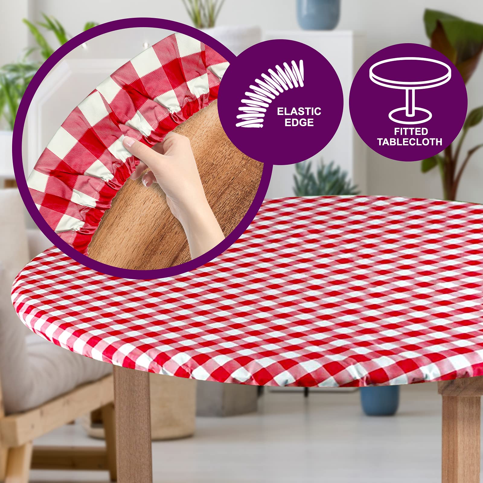 Sorfey Tablecloth -Fitted With Elastic, Vinyl With Flannel Back, Fits For Table 48 Inches Round,Water Proof, Easy To Clean, Chec