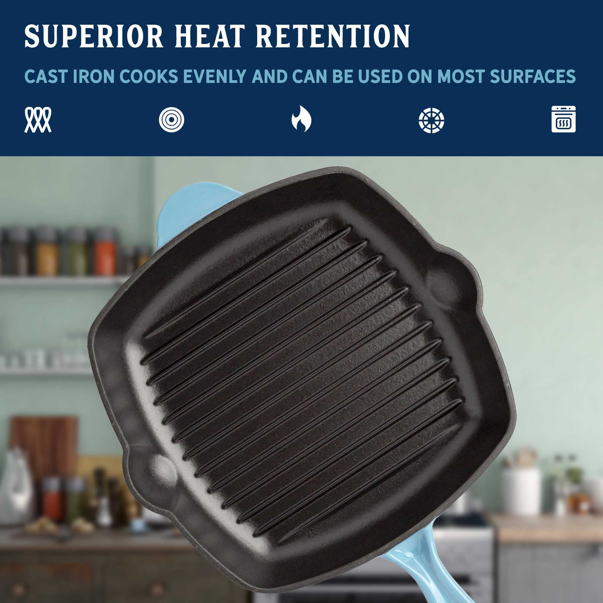 Country Living Enameled Cast Iron Square Griddle Grill Pan With Ridges, Helper Handle And Pouring Spouts For Easy Draining, Indo
