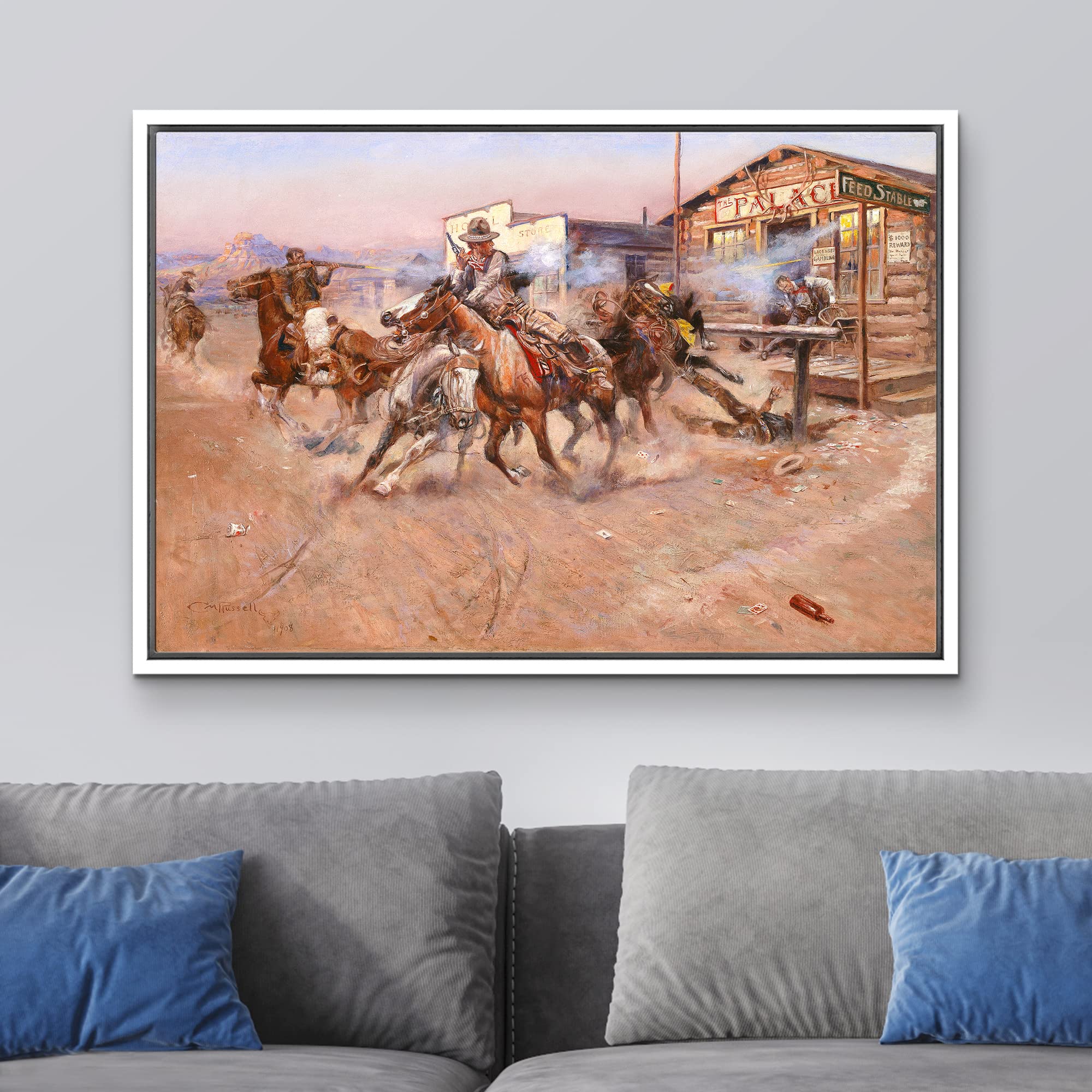 Wall26 - Smoke By Charles Marion Russell - Framed Canvas Print Wall Art Famous Painting Reproduction - 24''X36'' White