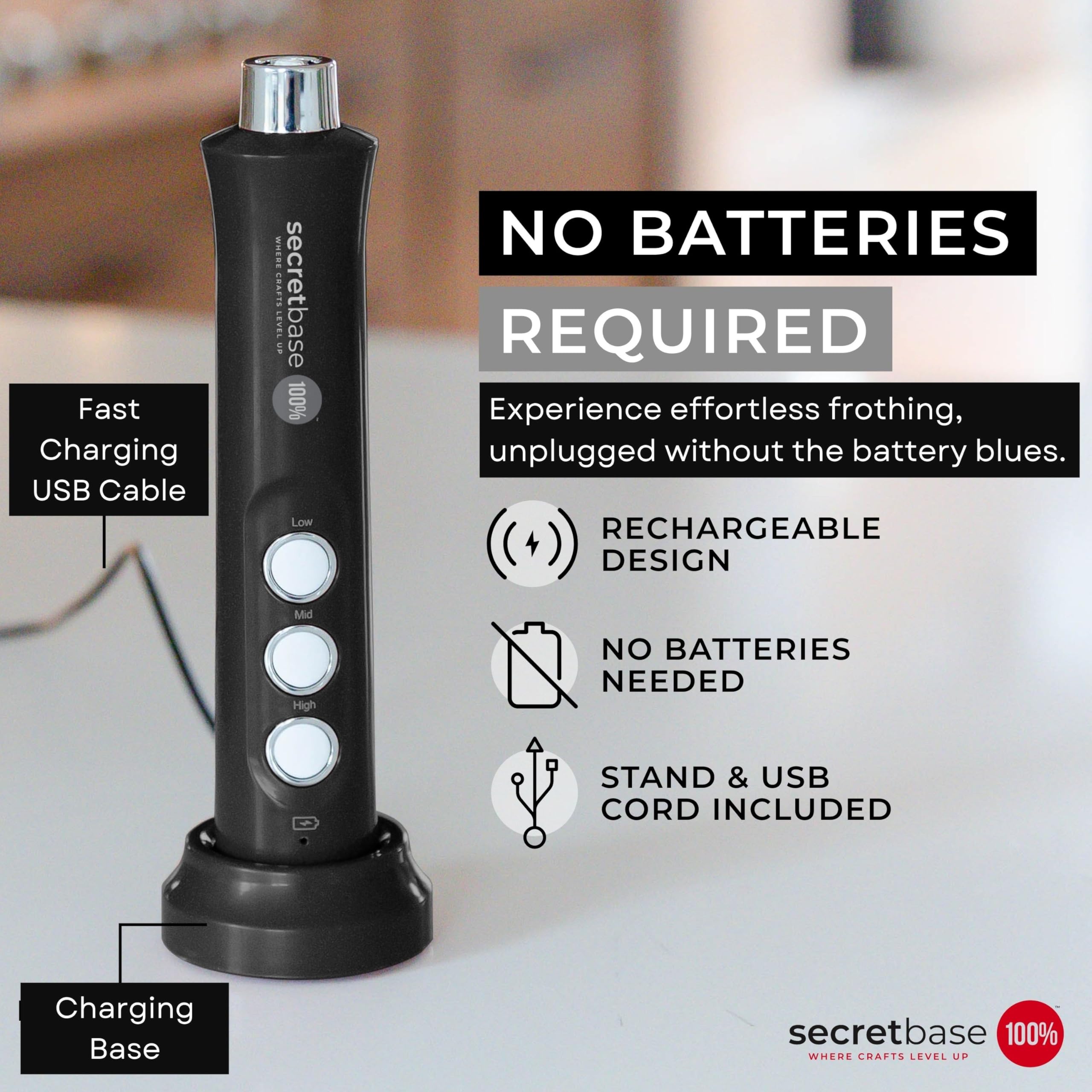 Secretbase 3 Speed Rechargeable Milk Frother And Cup Set, Cordless Usb Charging Cradle - Handheld Milk Frother, Double-Thickness