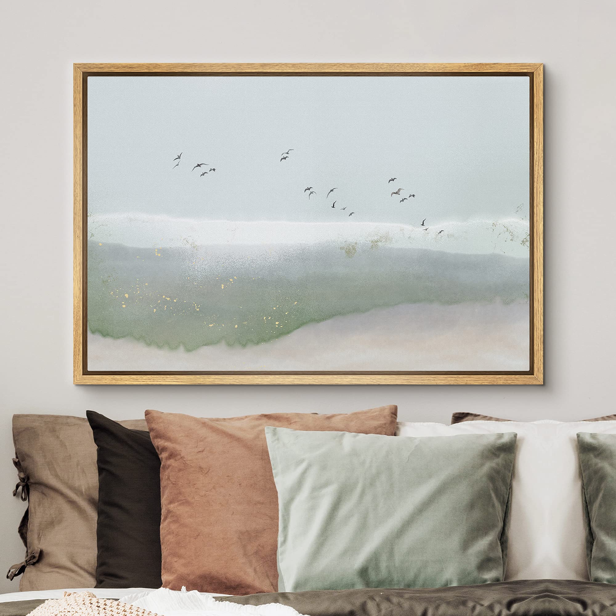 Signford Framed Canvas Print Wall Art Gray & Green Watercolor Sky With Birds Abstract Shapes Illustrations Modern Art Bohemian S
