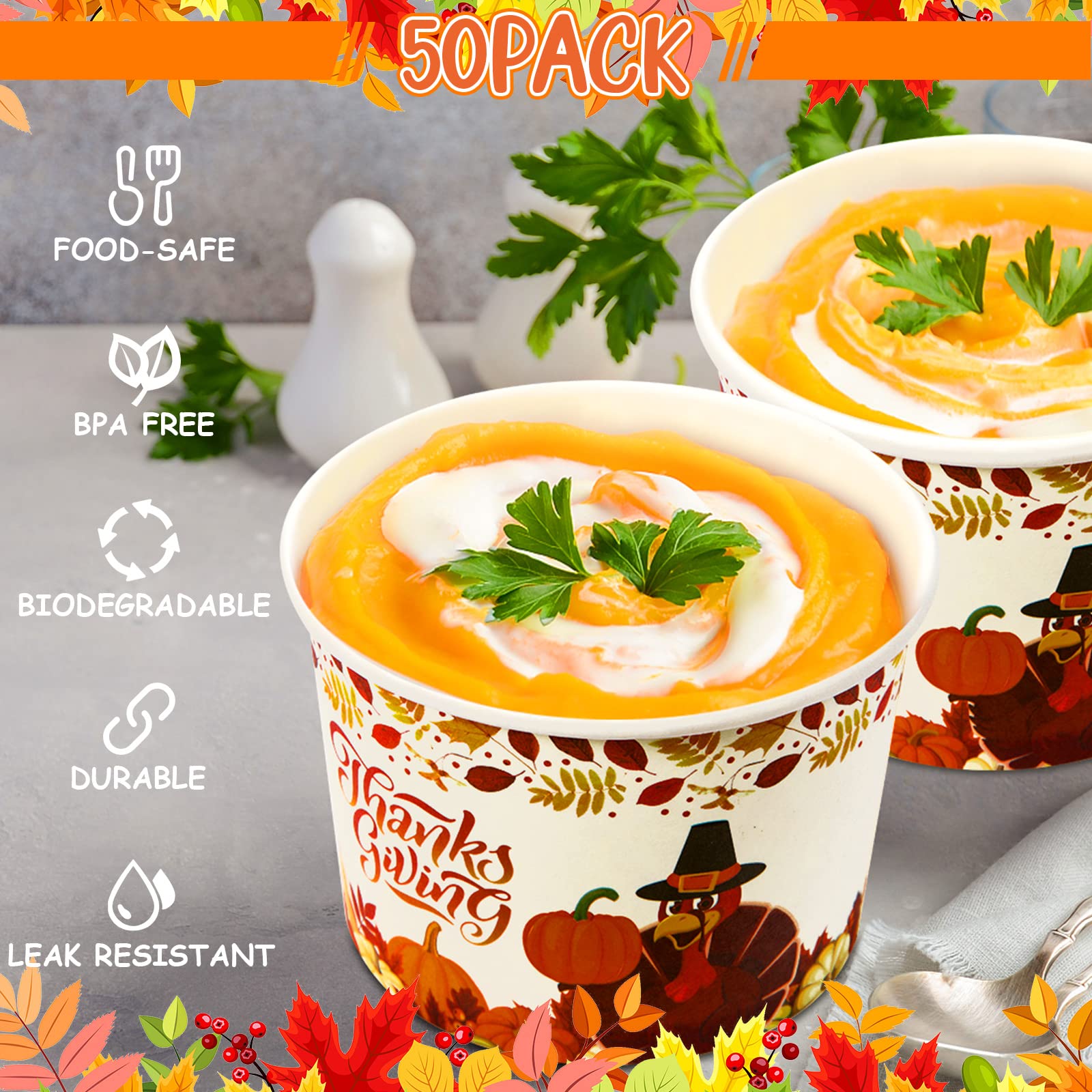 Potchen 50 Pack 9 oz Thanksgiving Day Disposable Paper Cups Fall Themed Disposable Dessert Bowls Paper Snack Cups Paper Soup Cup