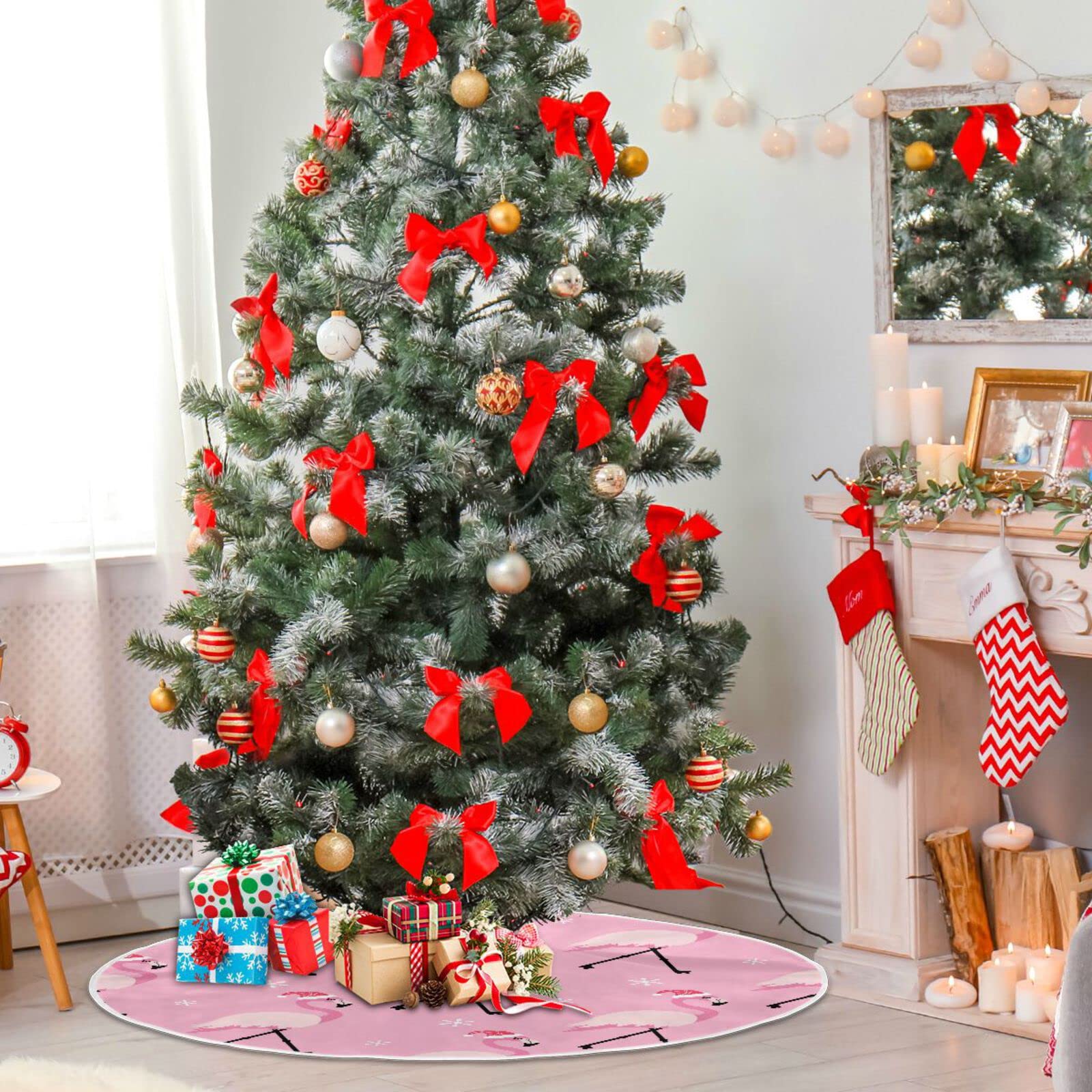 Vozoza Christmas Pink Flamingo Tree Skirt, Seasonal Tree Mat Holiday Party Supplies Ornaments Indoor Outdoor Decorations for Tab