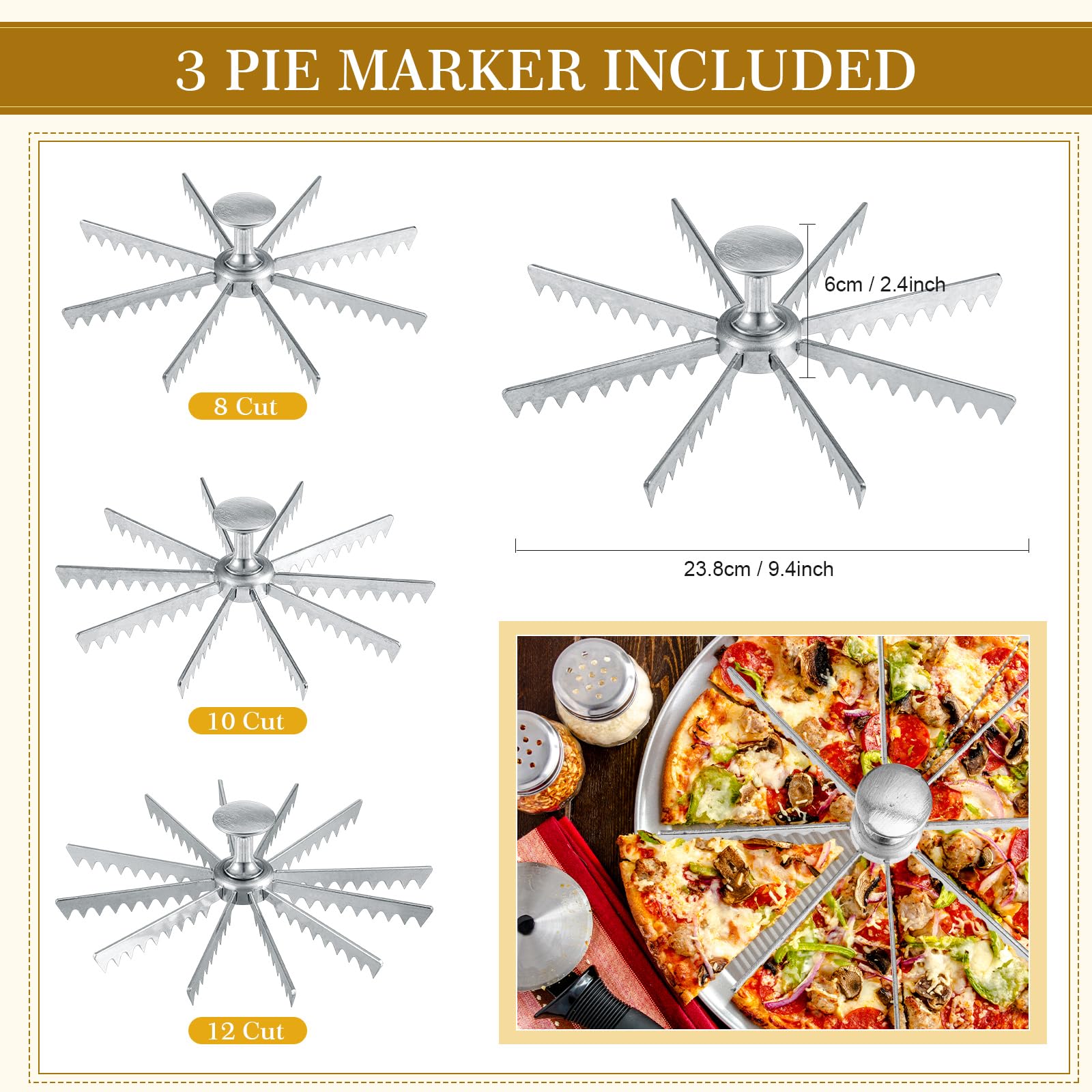 Hushee 3 Pcs Pie And Cake Marker Aluminum Alloy Guideline And Portion Divider Cake Cutter 8, 10, 12 Cut Silver Pie Slice Cutter