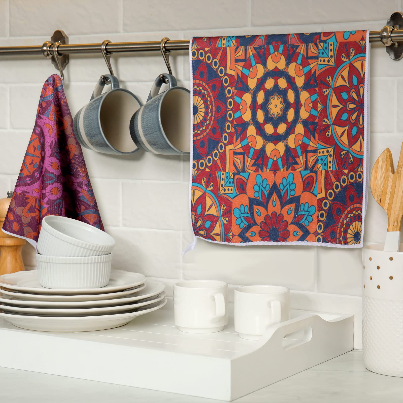 Boyiee Set of 6 Mandala Kitchen Towels Absorbent Boho Dish Towels 24 x 16 Inches Multicolor Hand Dishcloths Mandala Lover Gifts